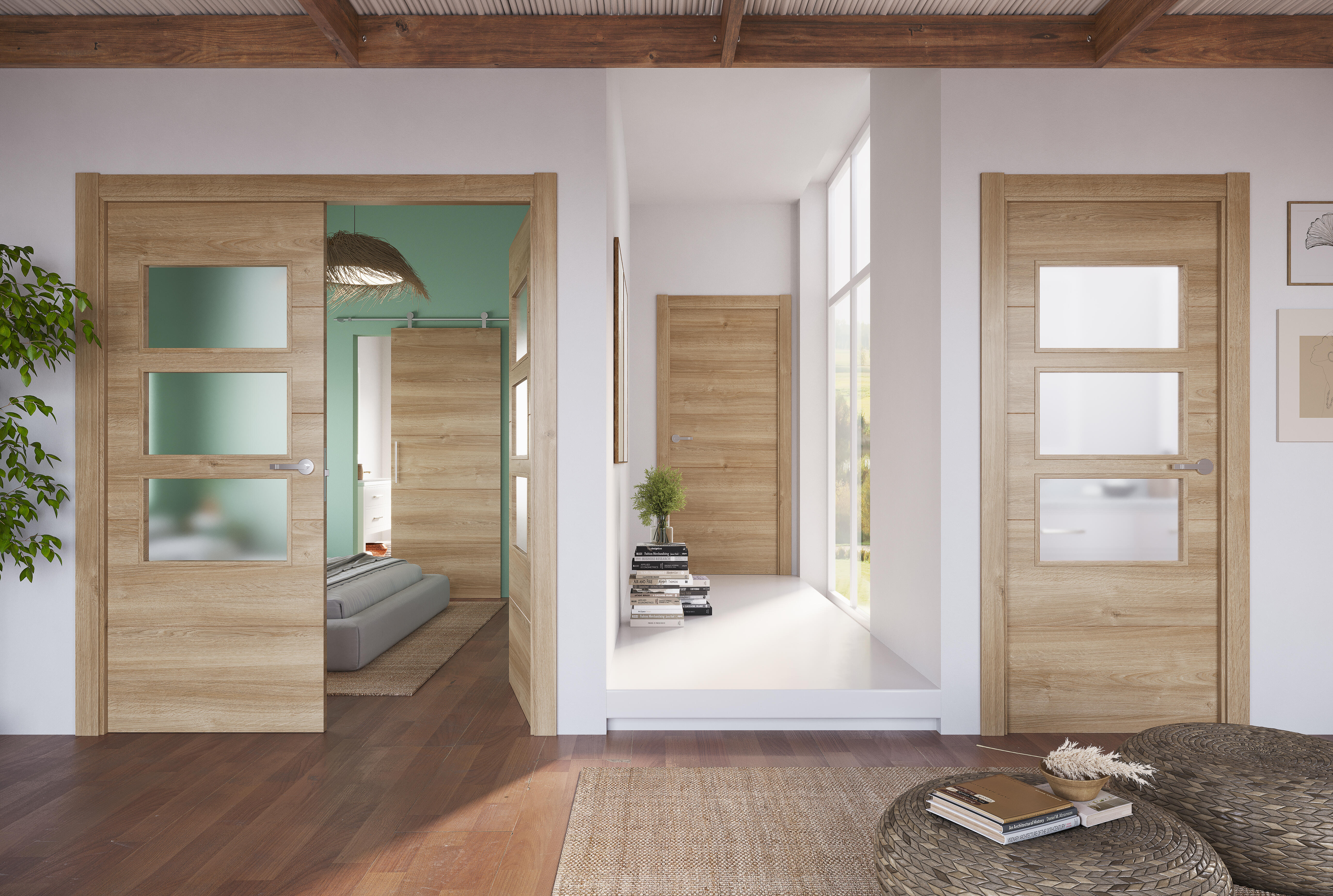 Puerta corredera berna nature roble concristal de 72.5 cm con uñero