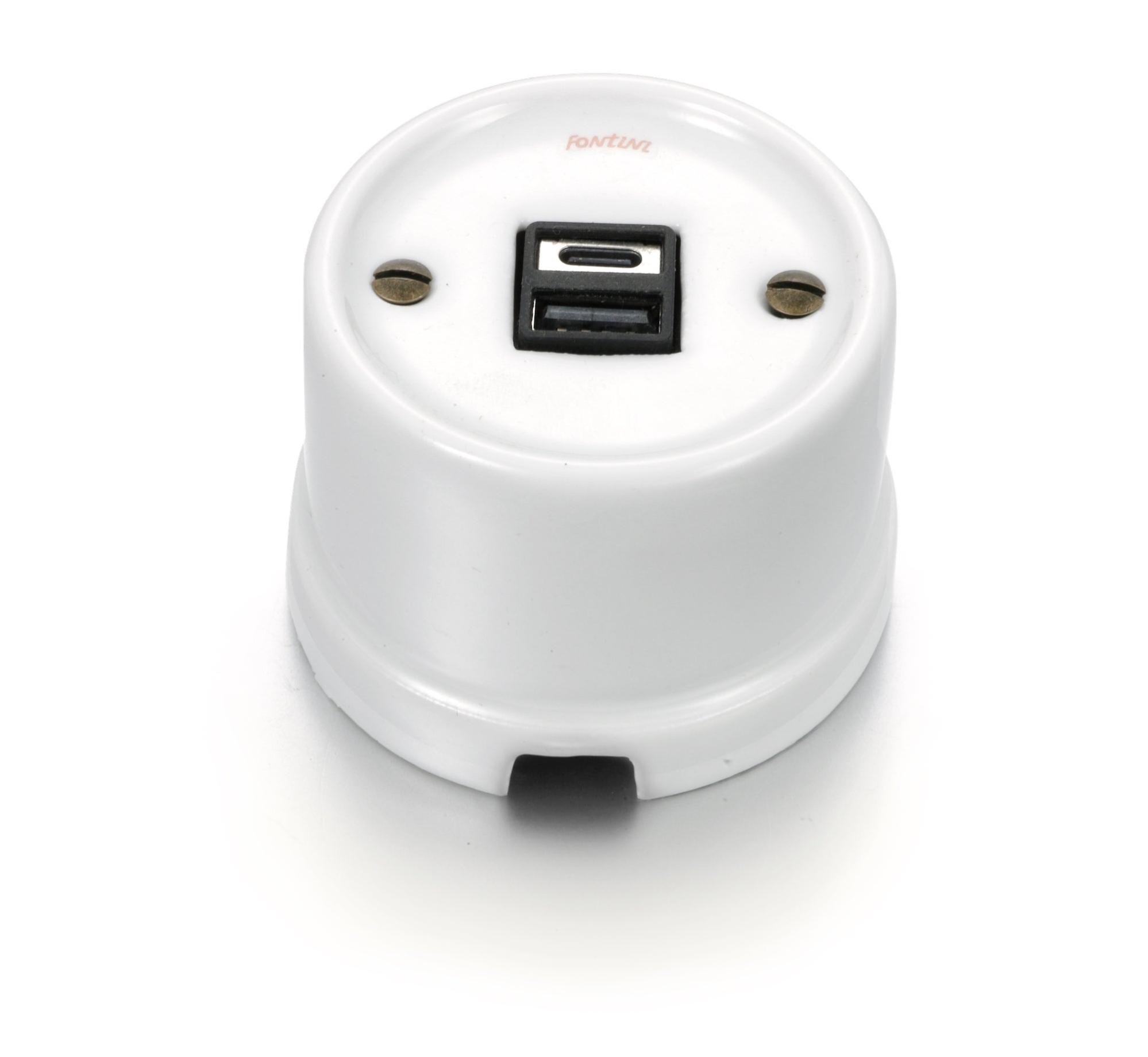 Cargador doble fontini garby usb a+c 3a de porcelana blanca