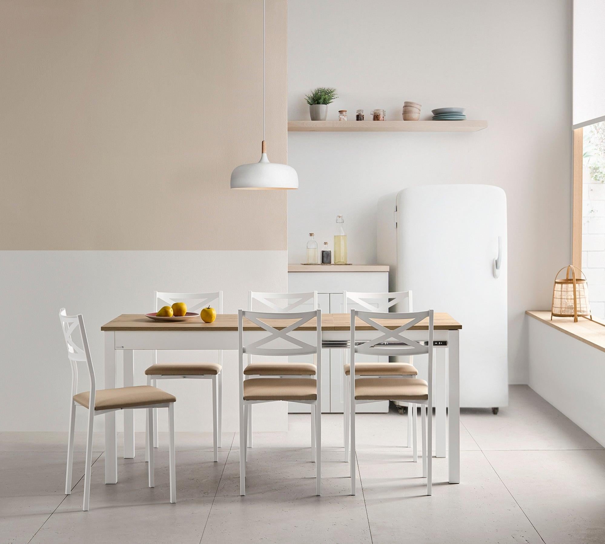 Mesa de cocina Atenas en blanco y laminado roble Hércules 120x80cm