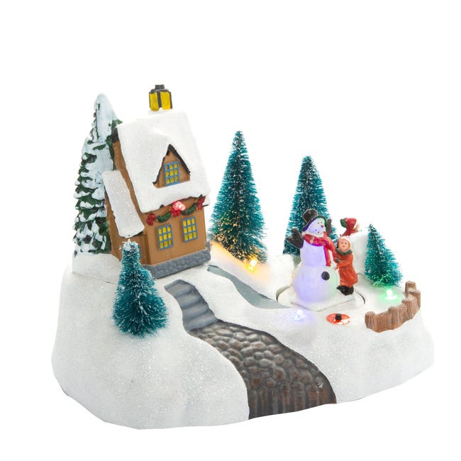 Ciudad animada de Navidad c/monigote de nieve de polirresina con LED y  música | Leroy Merlin
