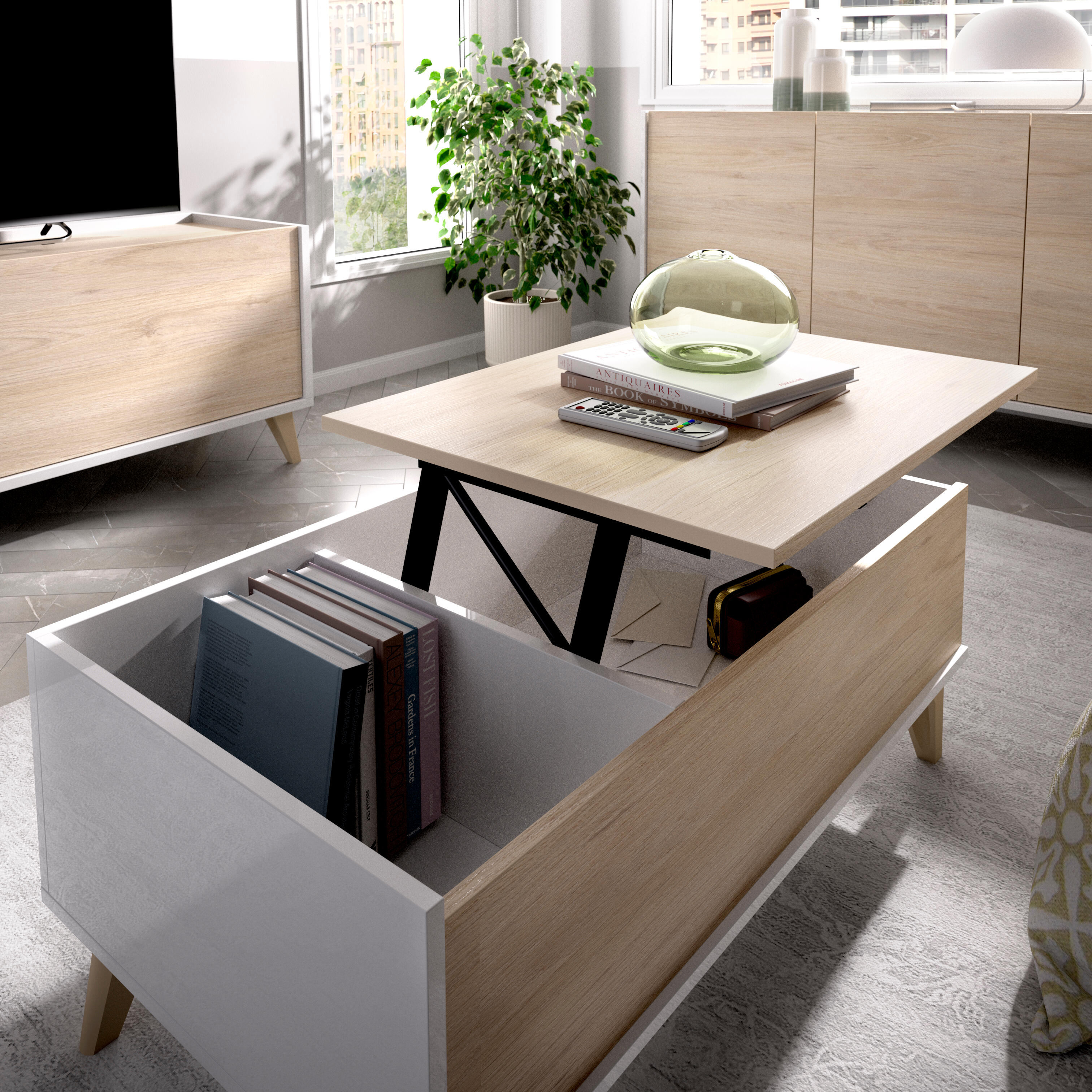 Mesa de centro elevable nela blanco y roble 99x41/53x60cm (anchoxaltoxfondo) de la marca Sin marca