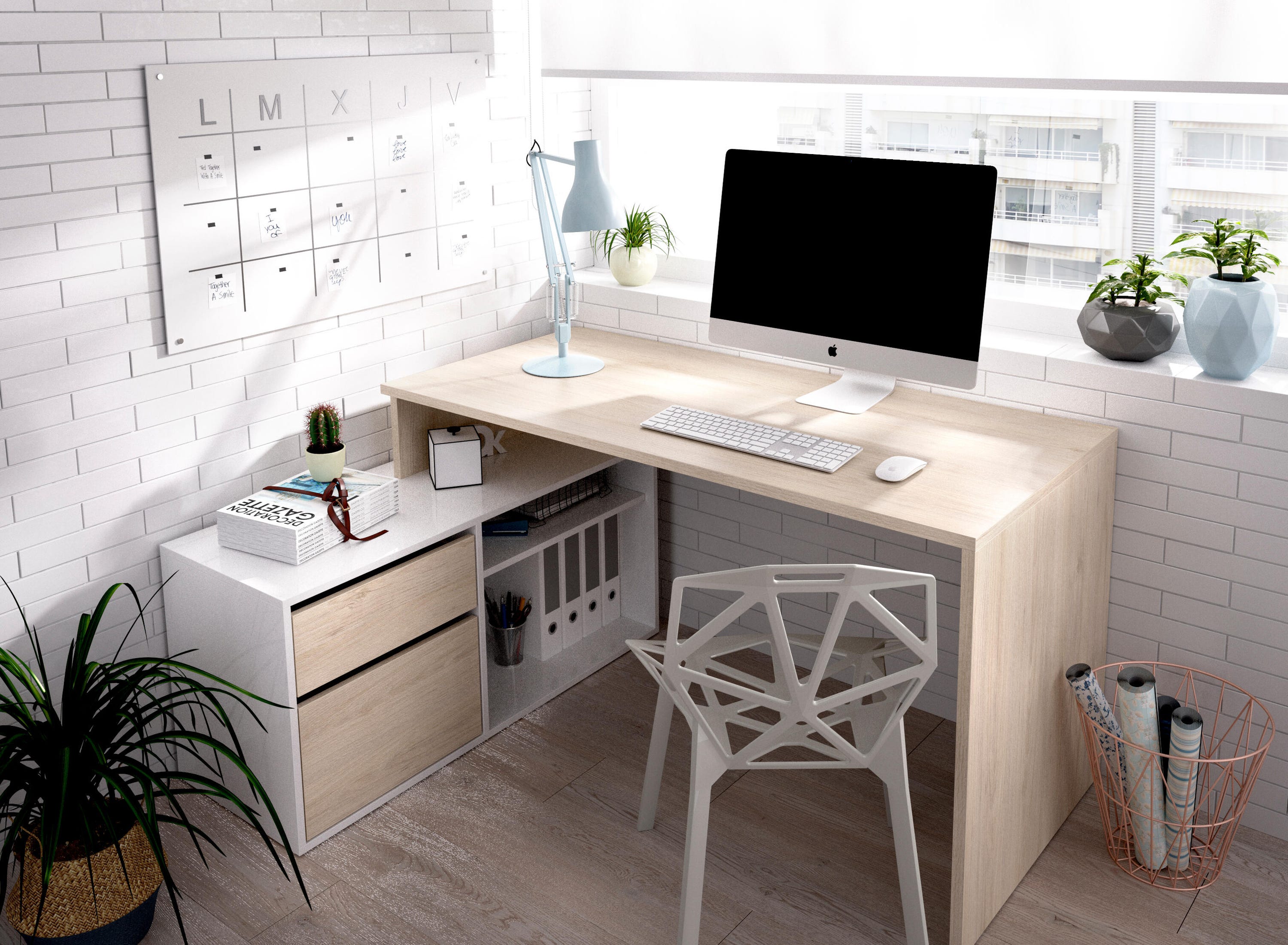 Mesa escritorio Skat blanco y roble 139x93x75 cm