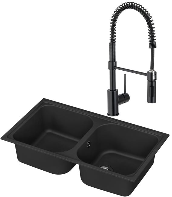Conjunto fregadero 2 seno Elbe negro 86 x 51 cm y grifo caño flexible Thomas | Leroy Merlin fregadero 2 senos leroy merlín