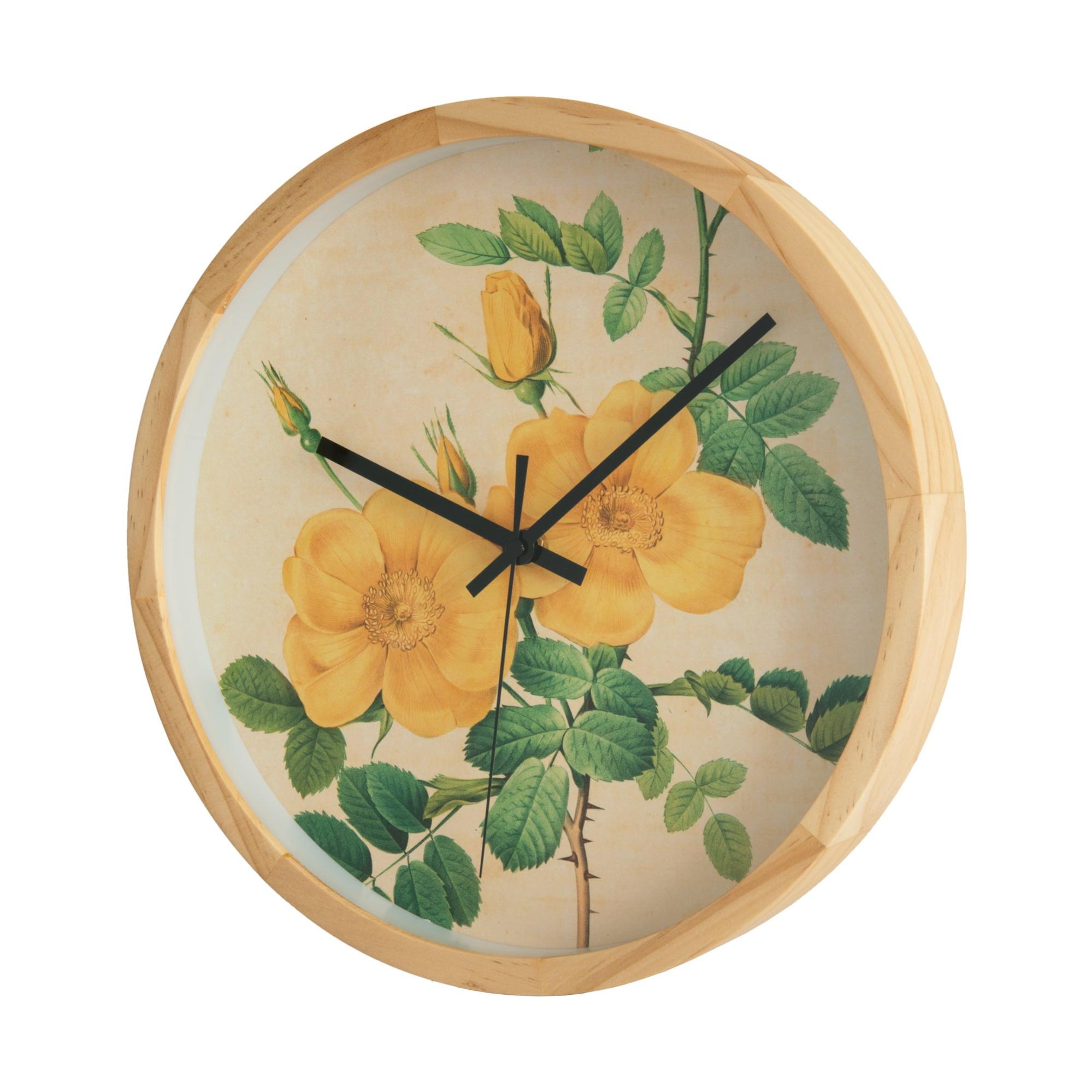 Reloj de pared redondo madera flores amarillas de 30 cm