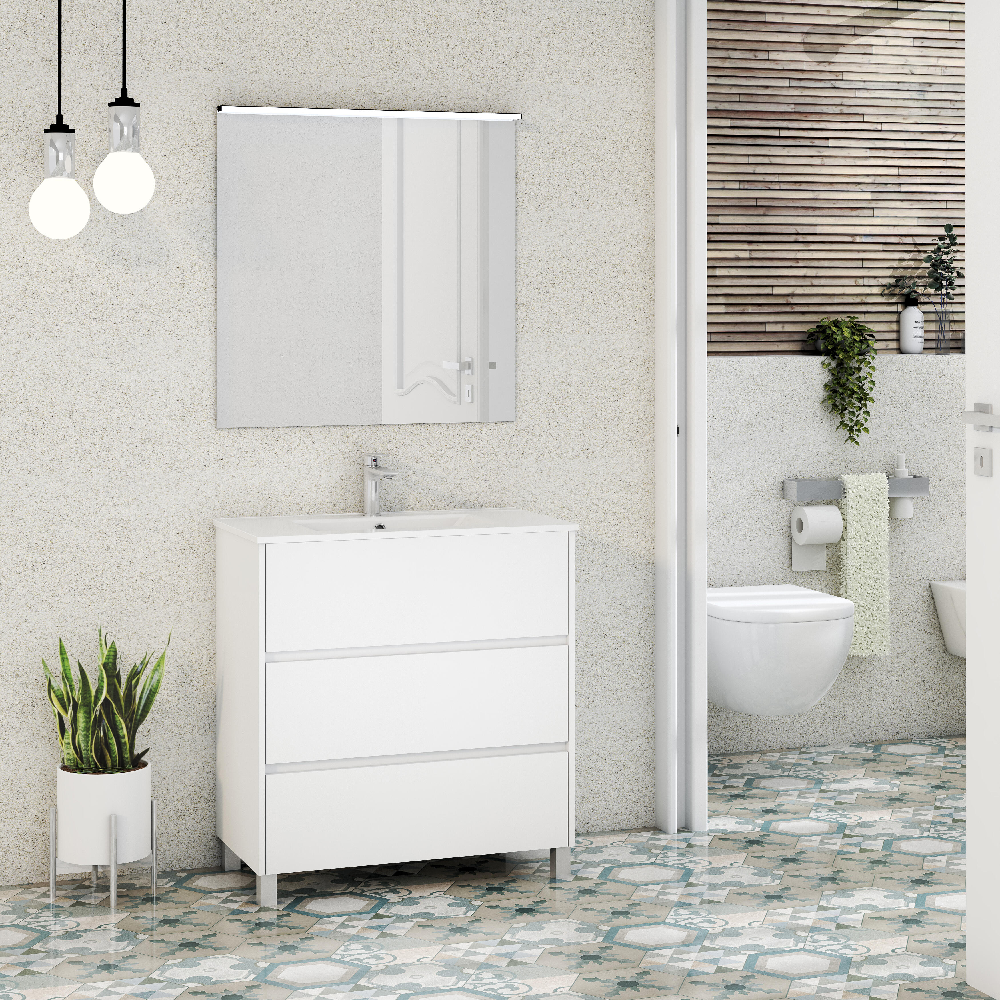 Mueble de baño con lavabo y espejo bisol blanco 80x45 cm