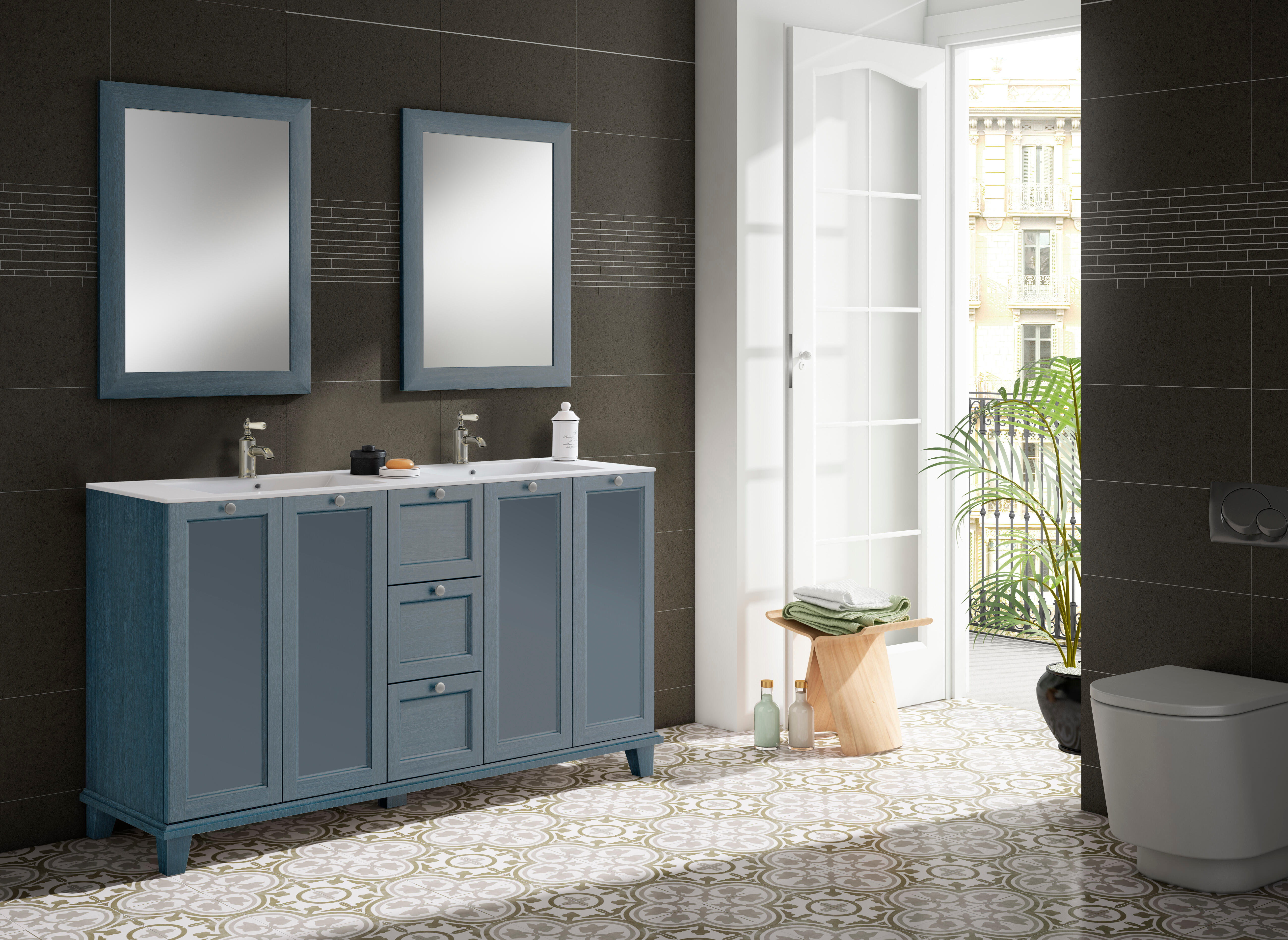 Mueble de baño con lavabo unike azul mate 150x45 cm