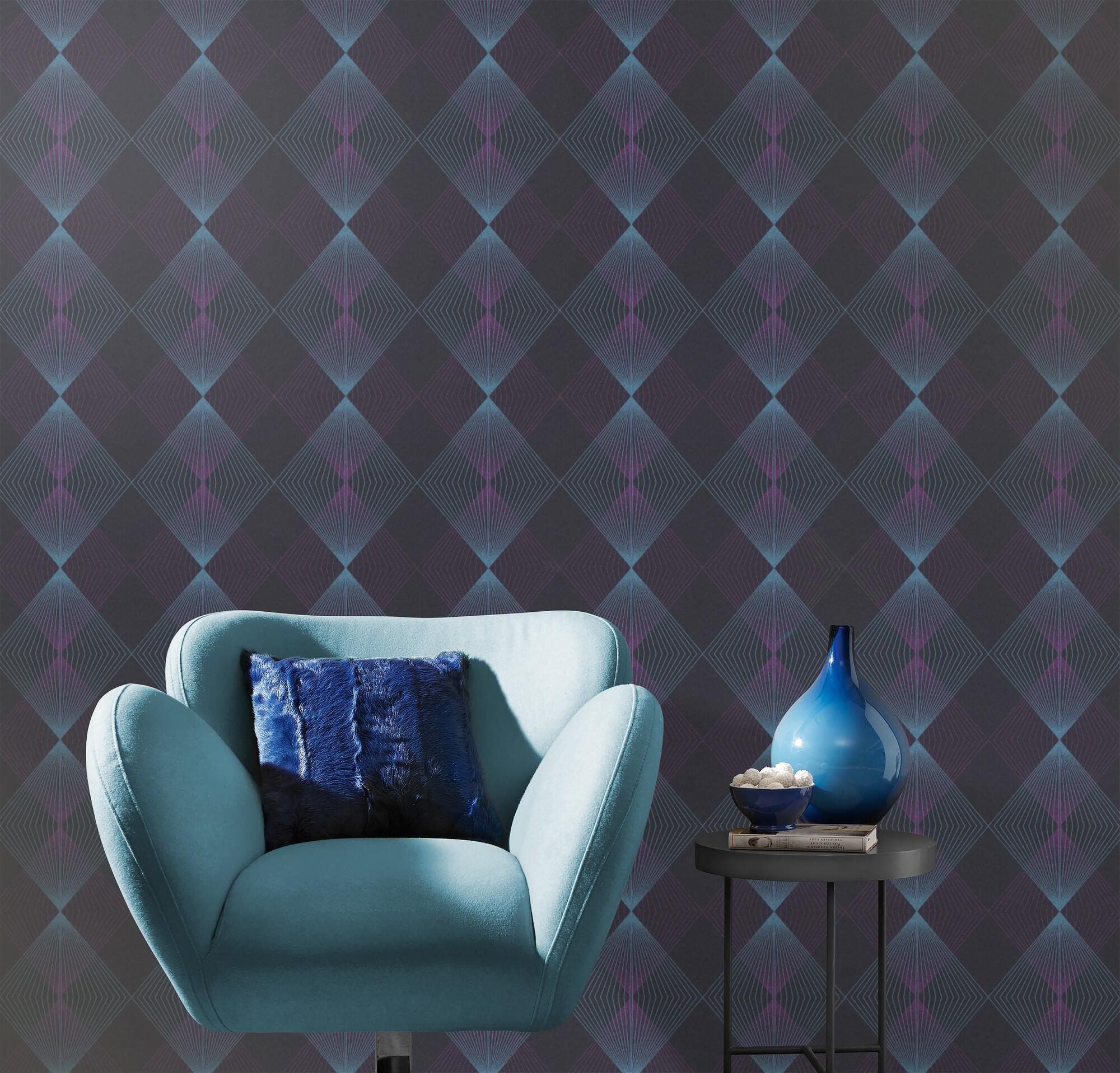Papel pintado geométrico morado azul