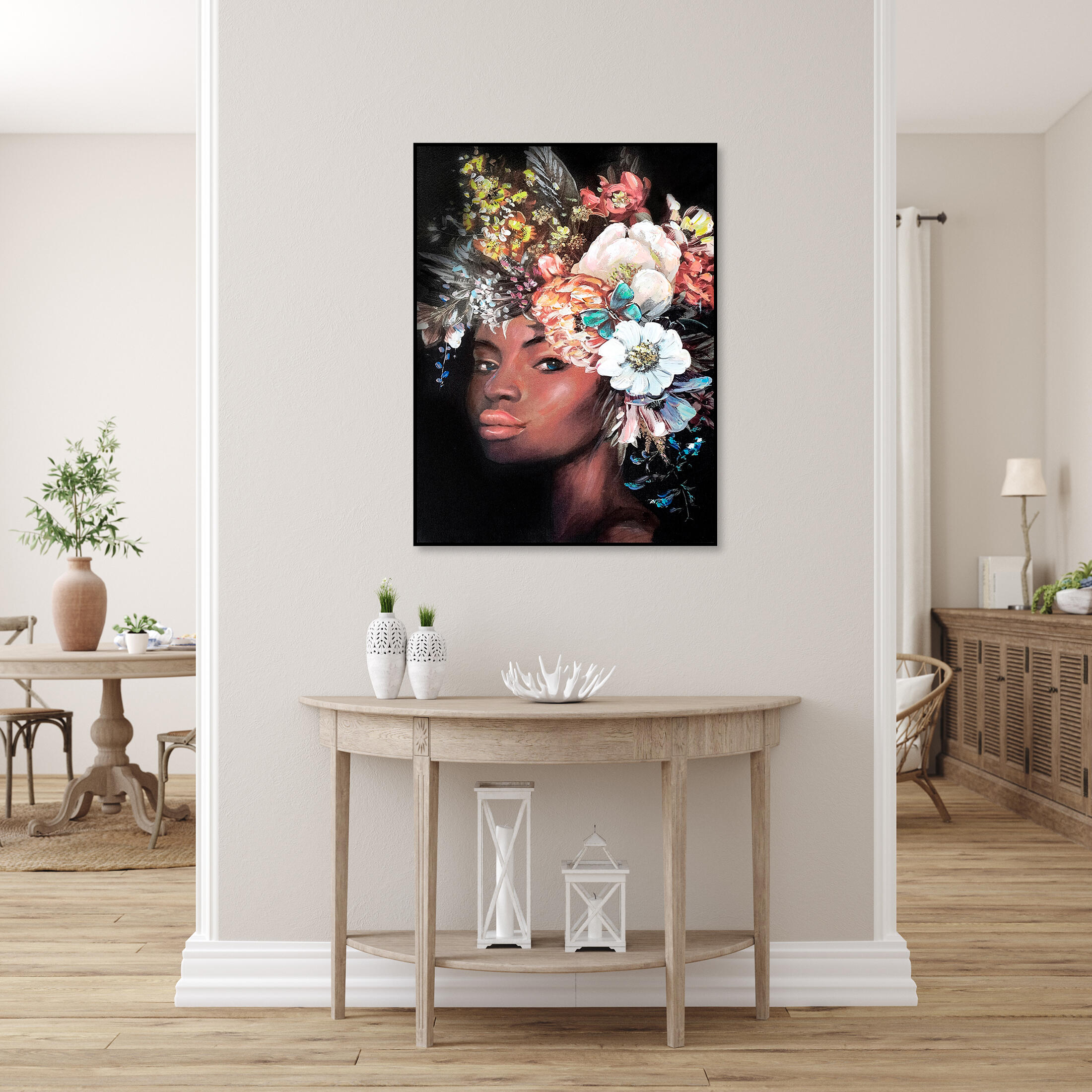 Pintura original cotton negro mujer flor 60x80
