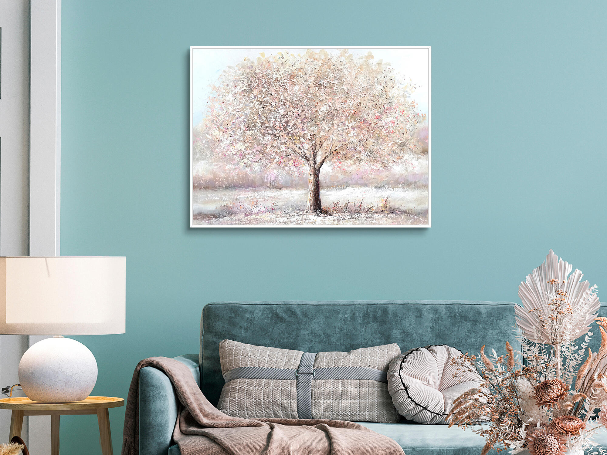 Pintura original cotton blanco árbol rosa 60x80 cm