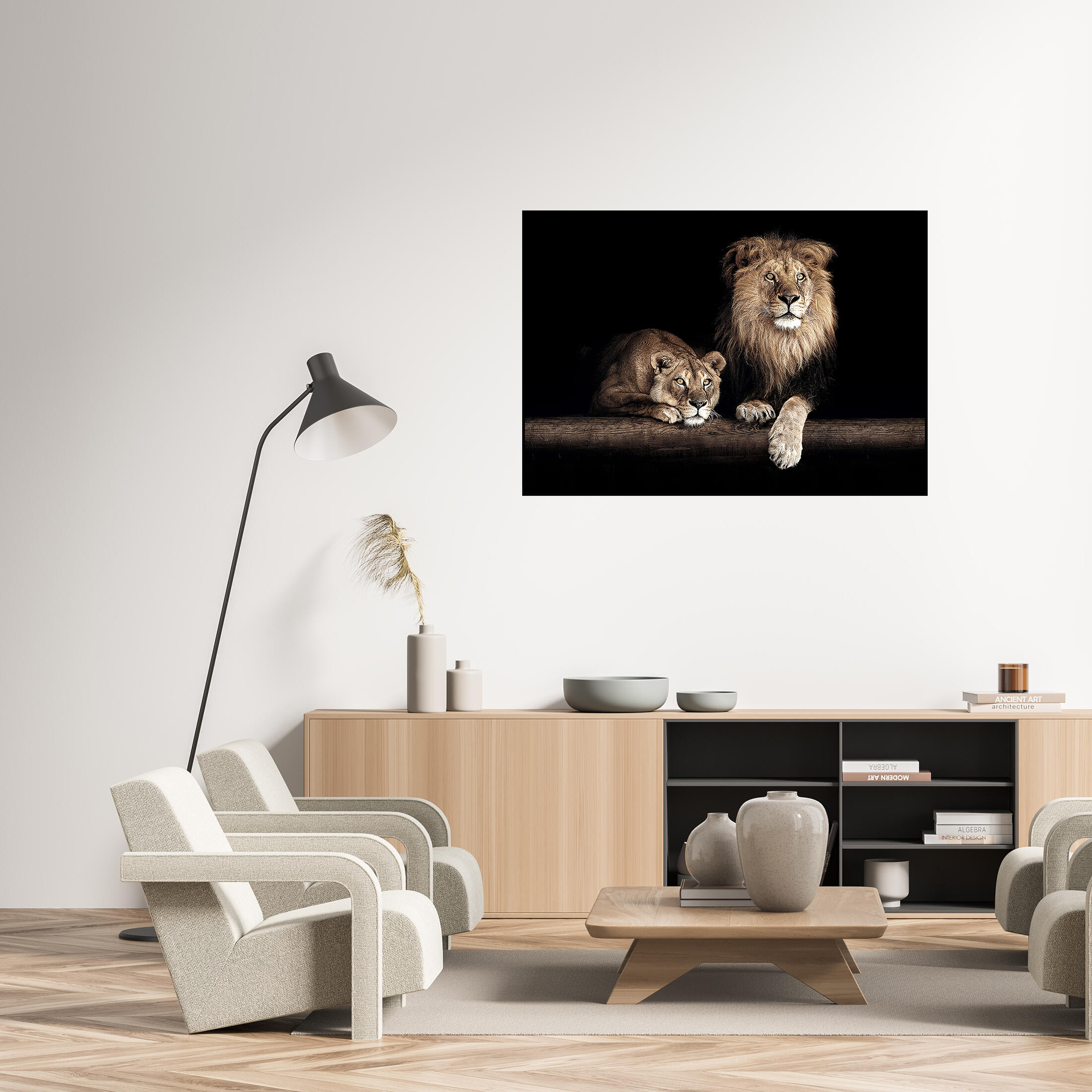 Pintura impresa alto brillo negro pareja leones 70x100