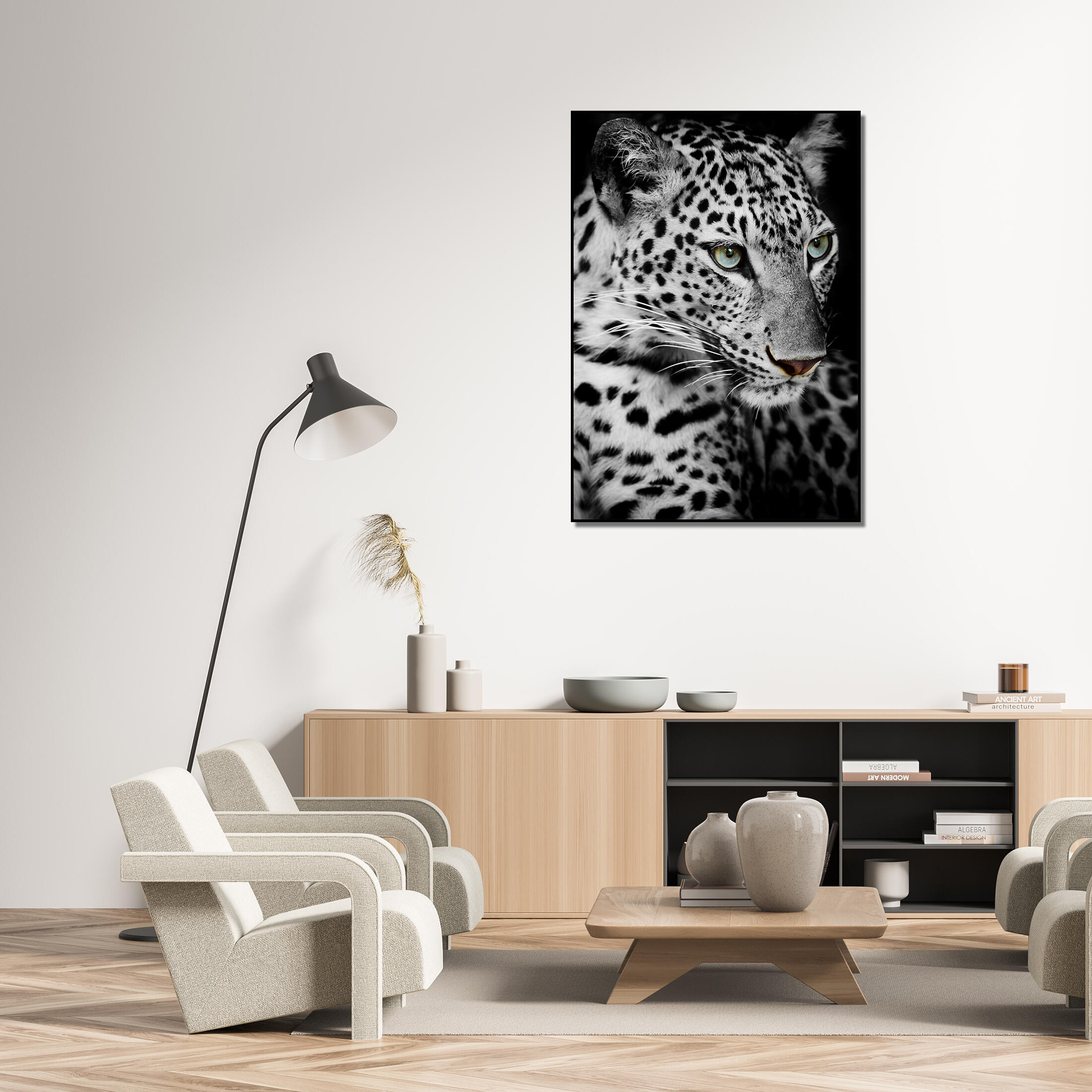 Pintura impresa alto brillo negro guepardo b/n 70x100