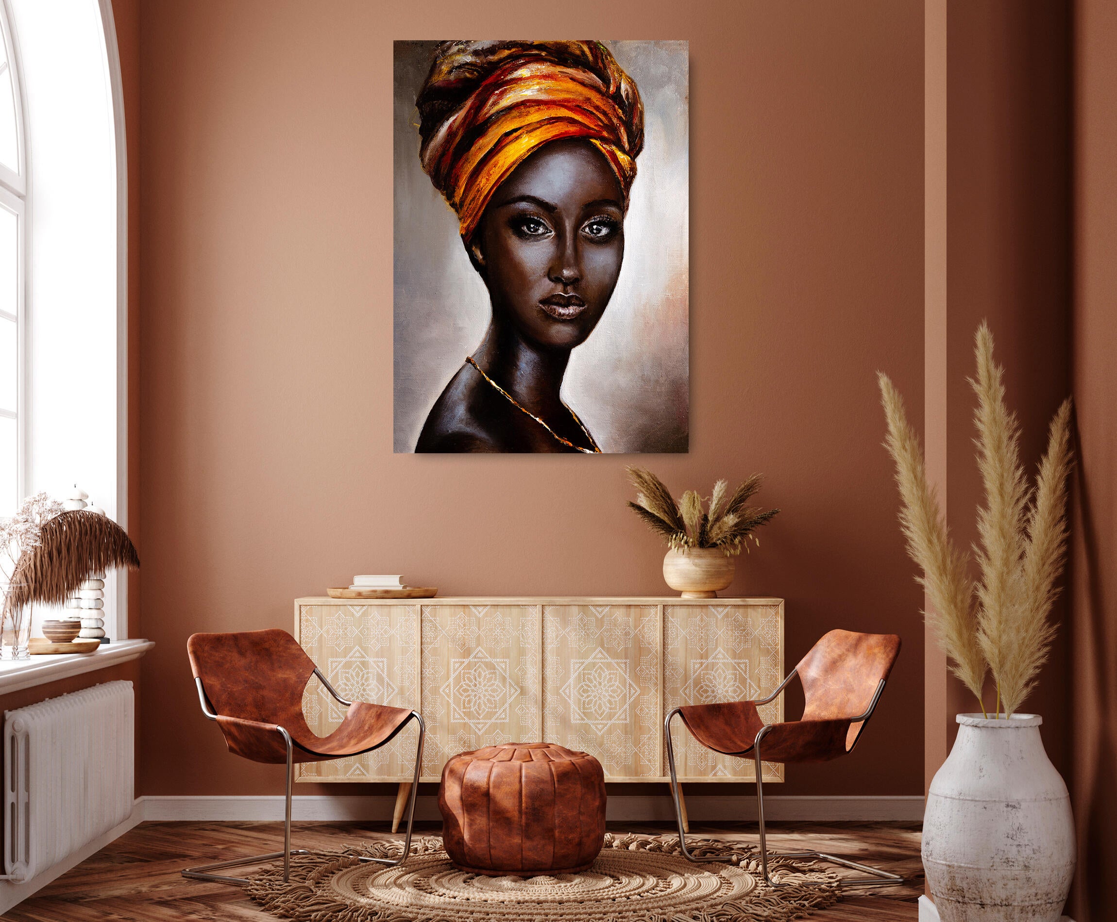Pintura impresa brillo woman turbante 100x140cm