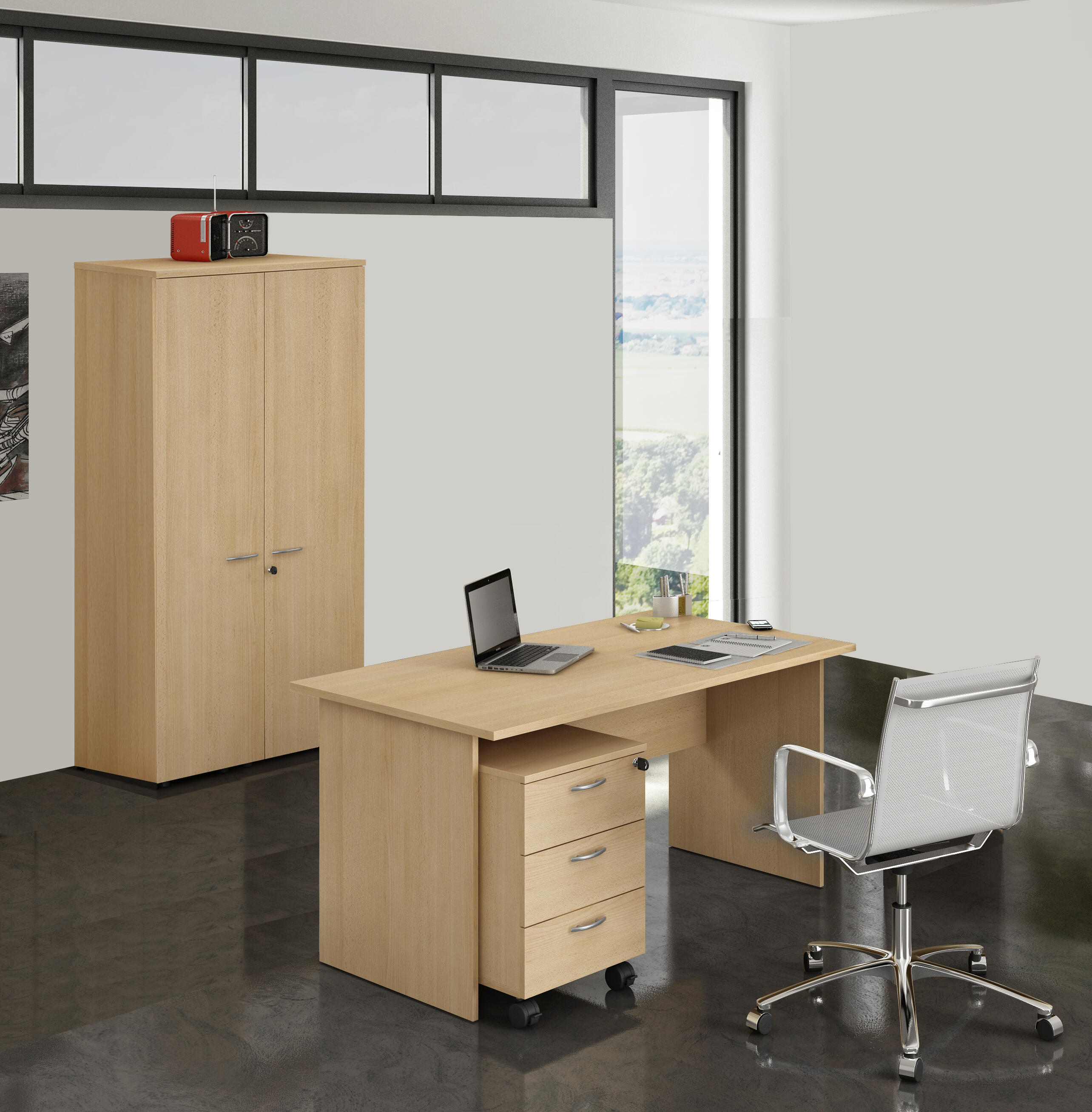 Mesa de escritorio presto de madera color haya con patas panel de 72x160x80cm