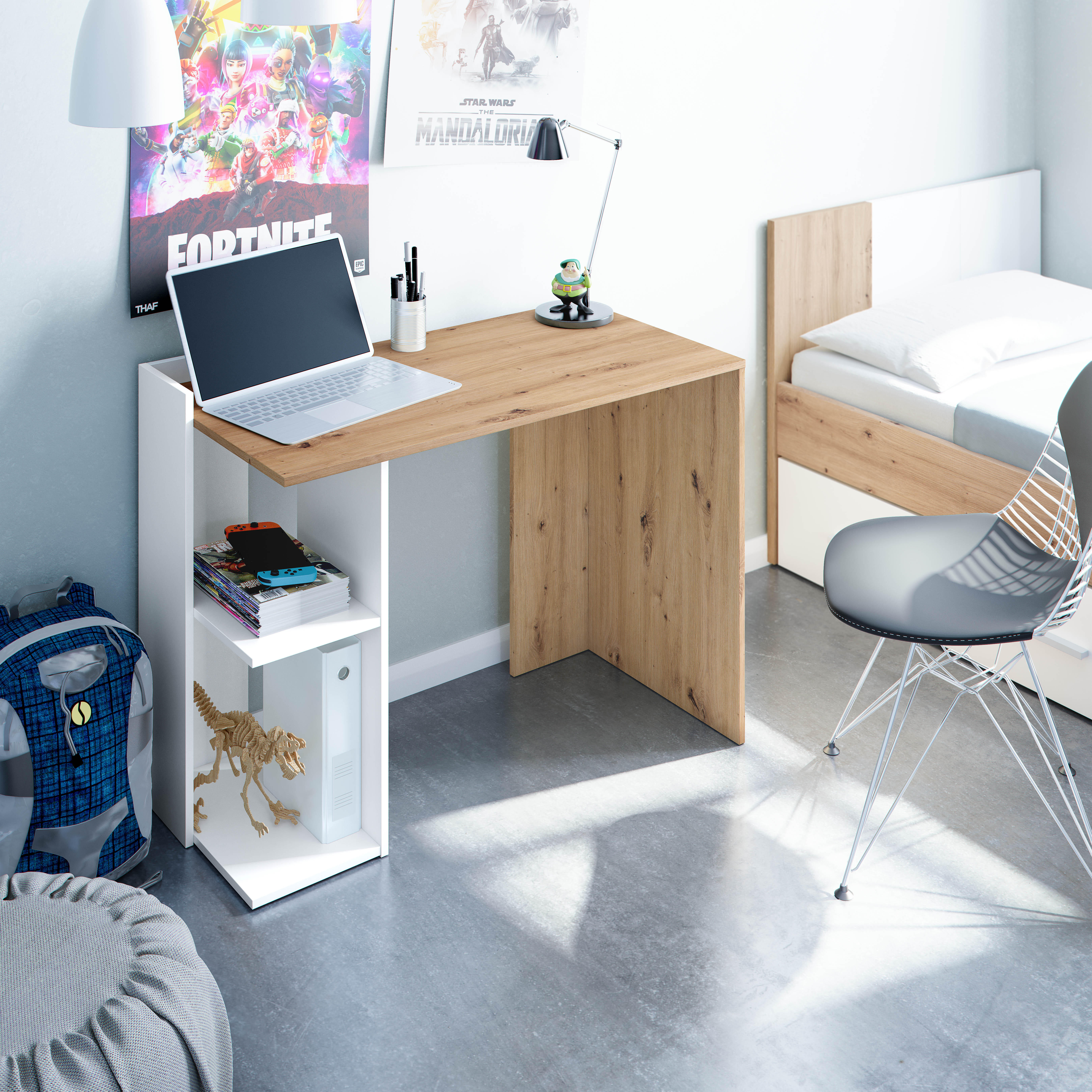 Mesa de estudio kenia con estantes color blanco de 77x98,5x50cm