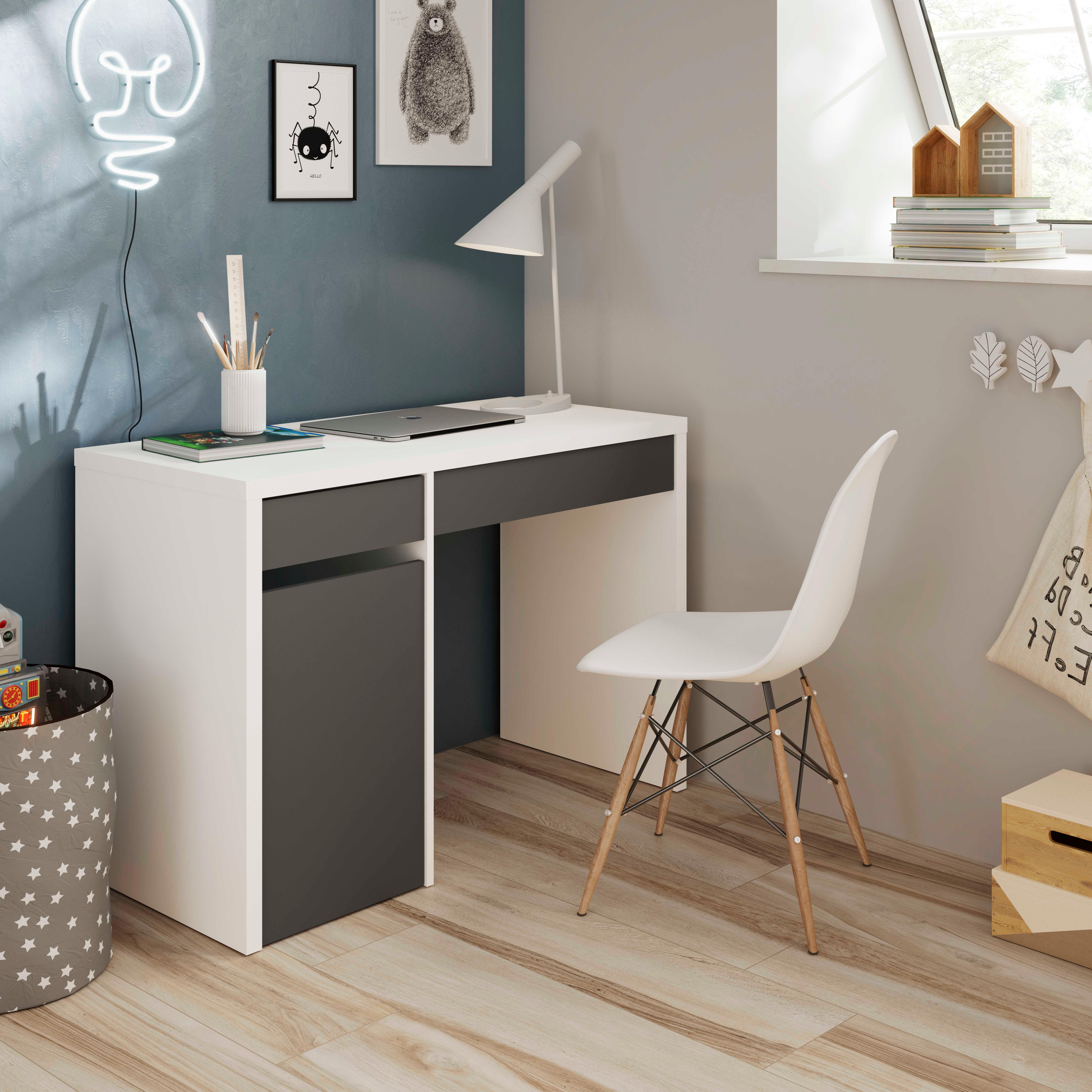Mesa de estudio mia con dos cajones y una puerta color blanco y gris 74x109x50cm