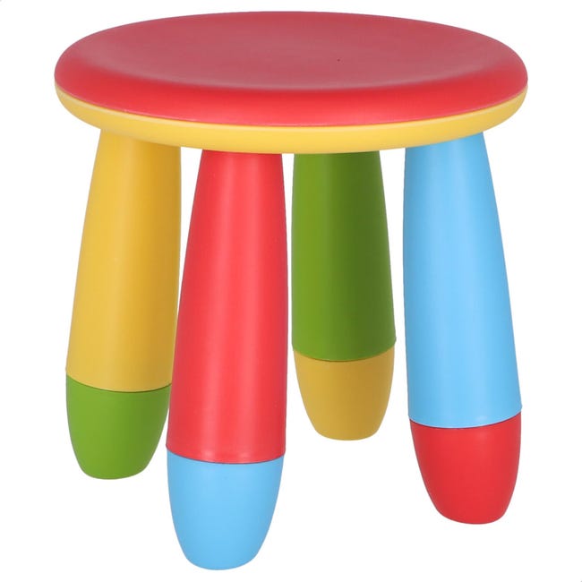 Taburete infantil de plástico color rojo y patas multicolor de