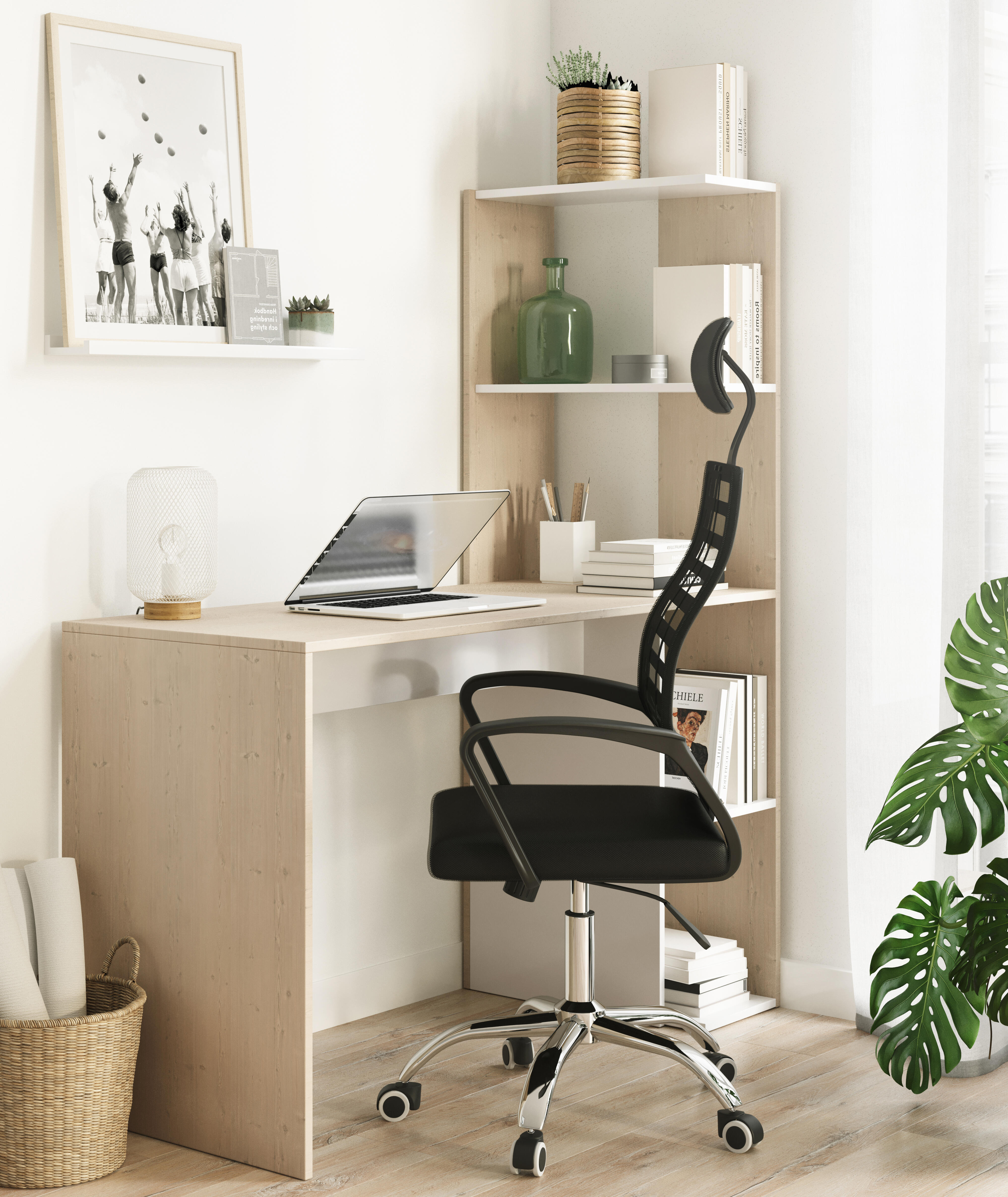 Mesa de estudio con estantería double color blanco y roble de 110x136x52cm