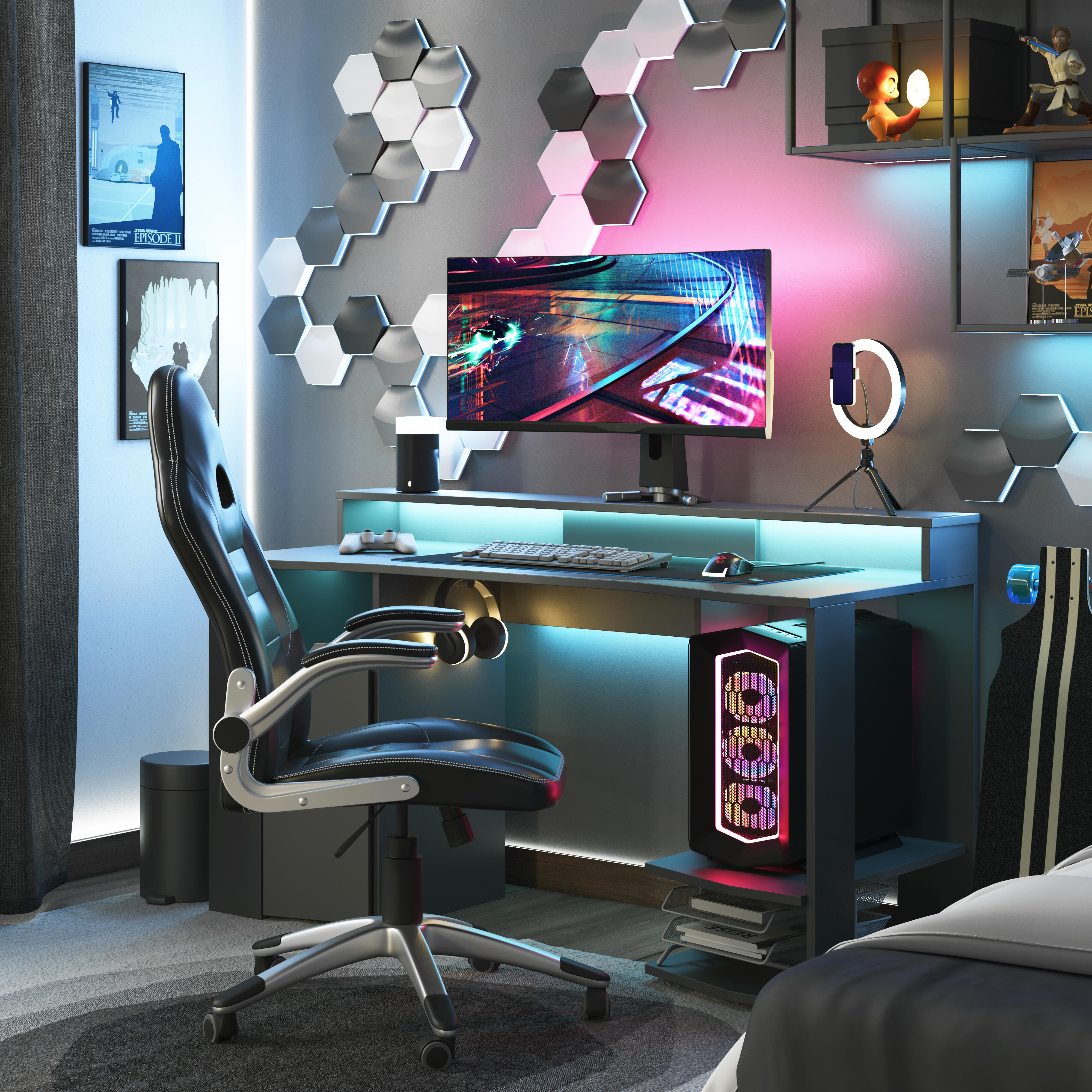 Mesa escritorio gaming con leds color gris 153,5x62-68,5x84-97 cm
