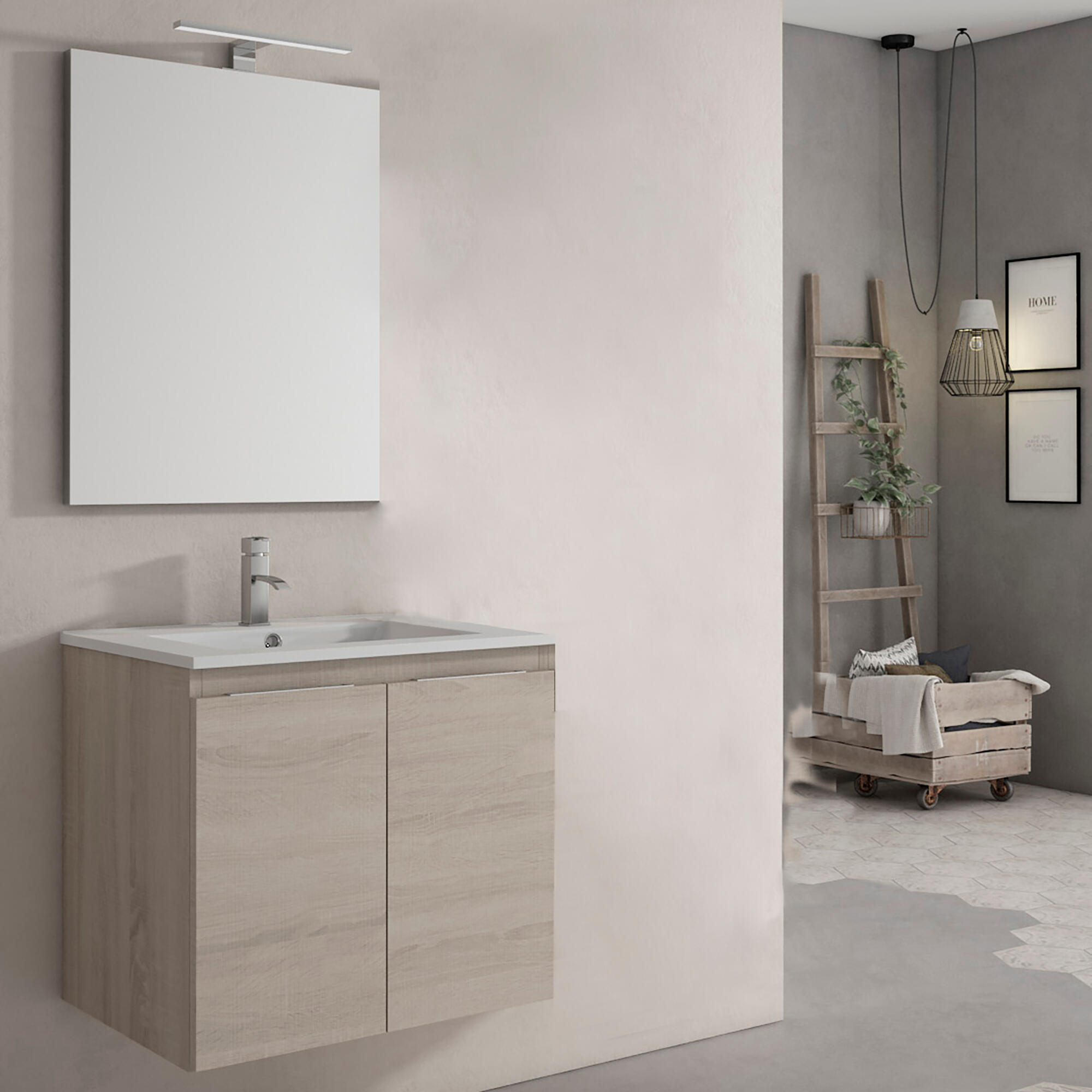 Mueble de baño con lavabo y espejo prima roble claro 60x45 cm