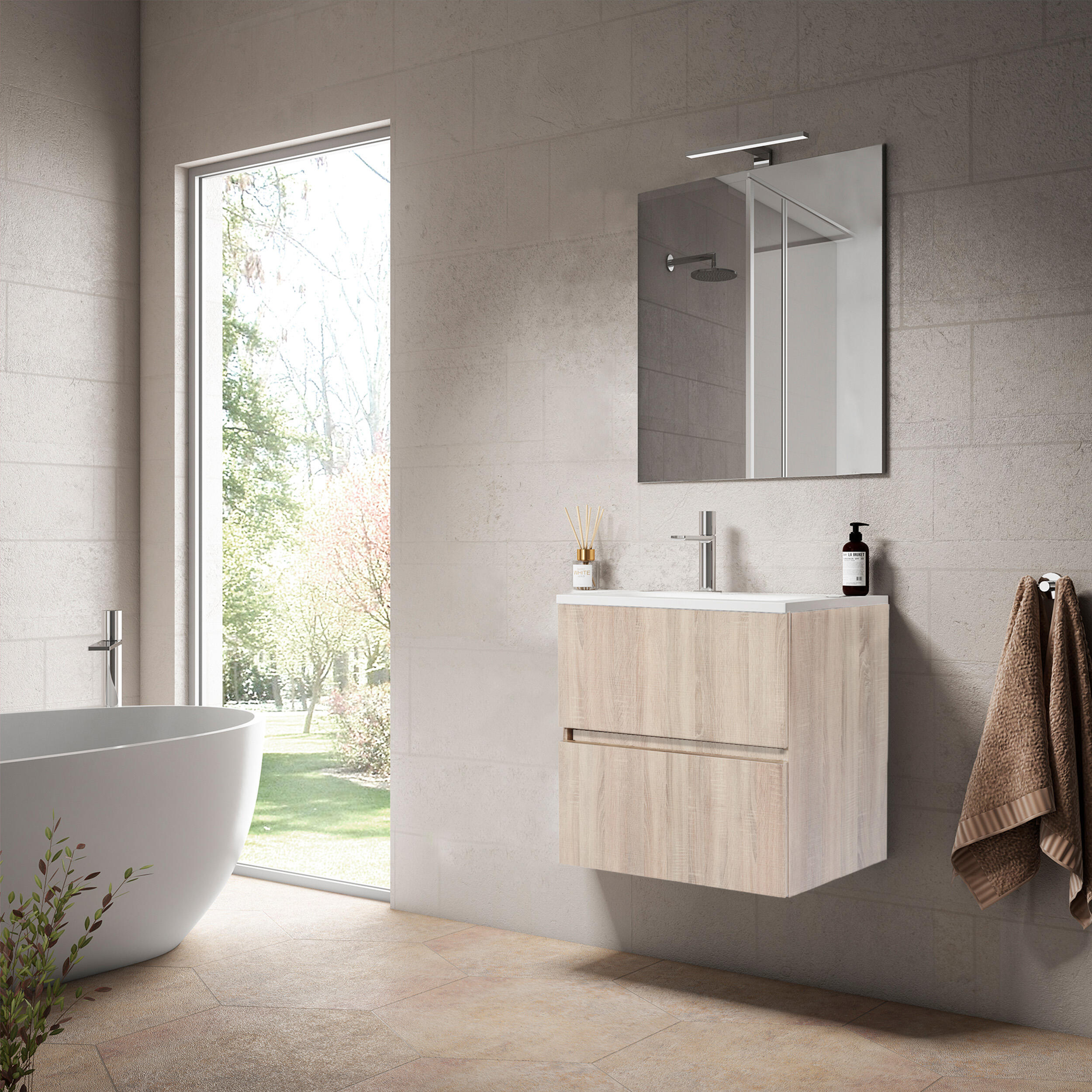 Mueble de baño con lavabo y espejo zoe roble claro 59.6x45.5 cm