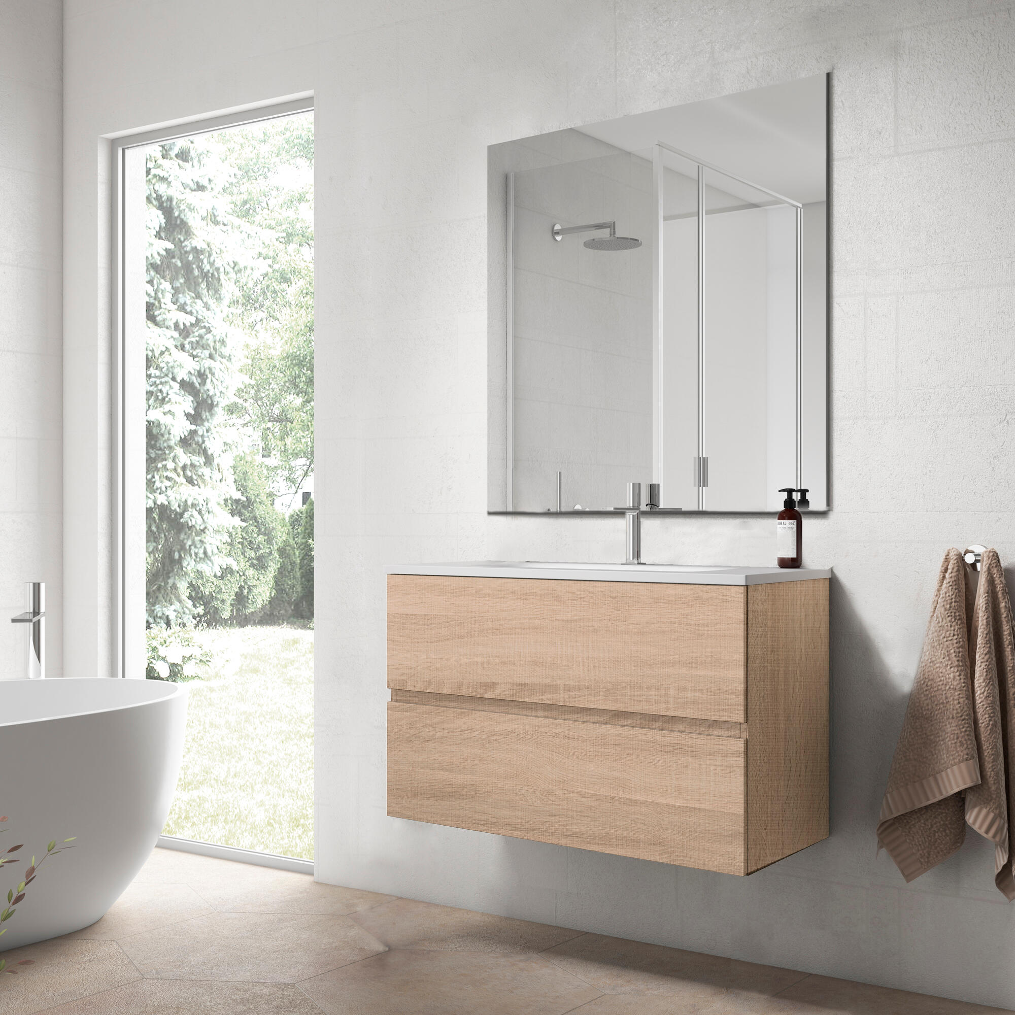 Mueble de baño con lavabo y espejo zoe roble claro 80 cm