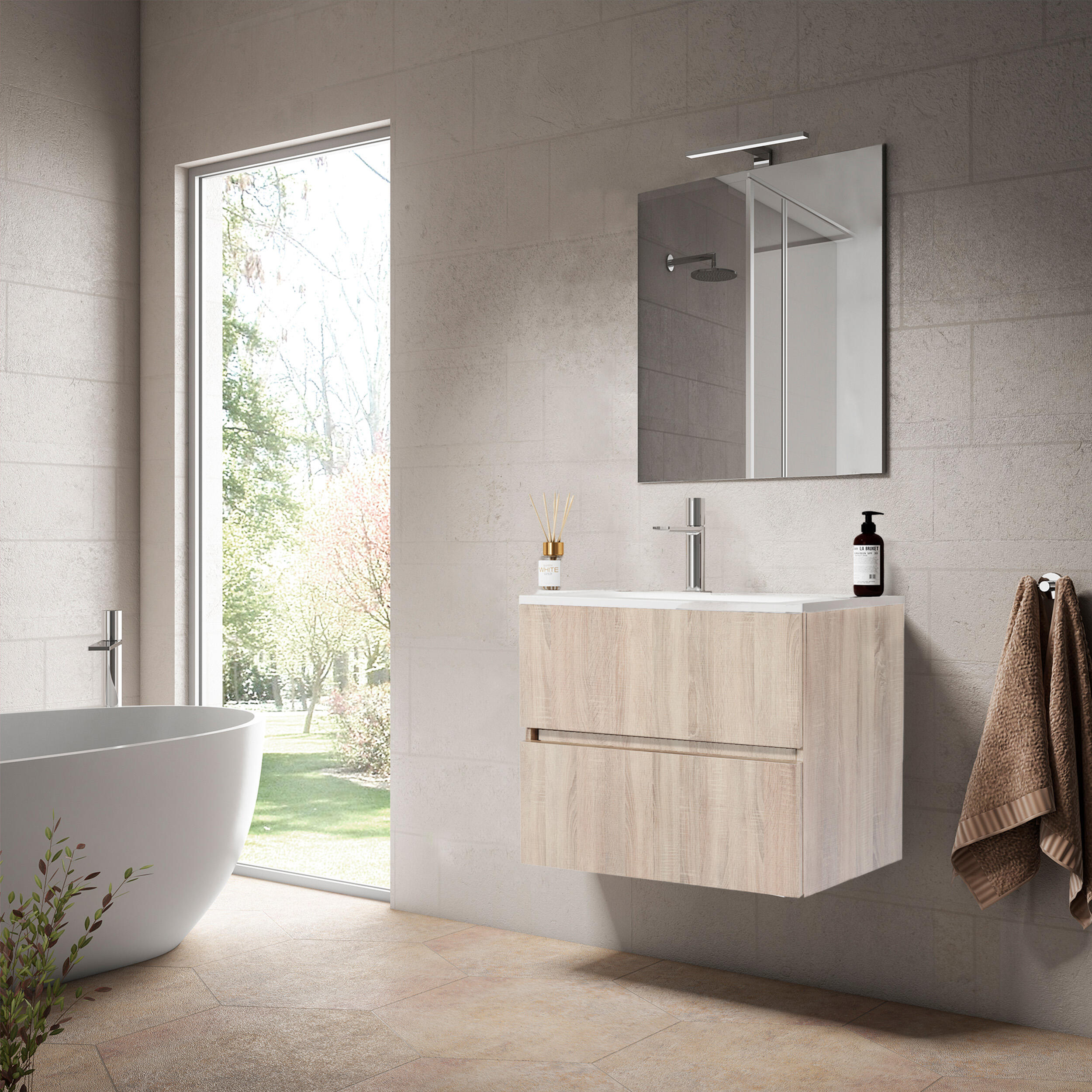 Mueble de baño con lavabo y espejo zoe roble claro 79.6x45.5 cm