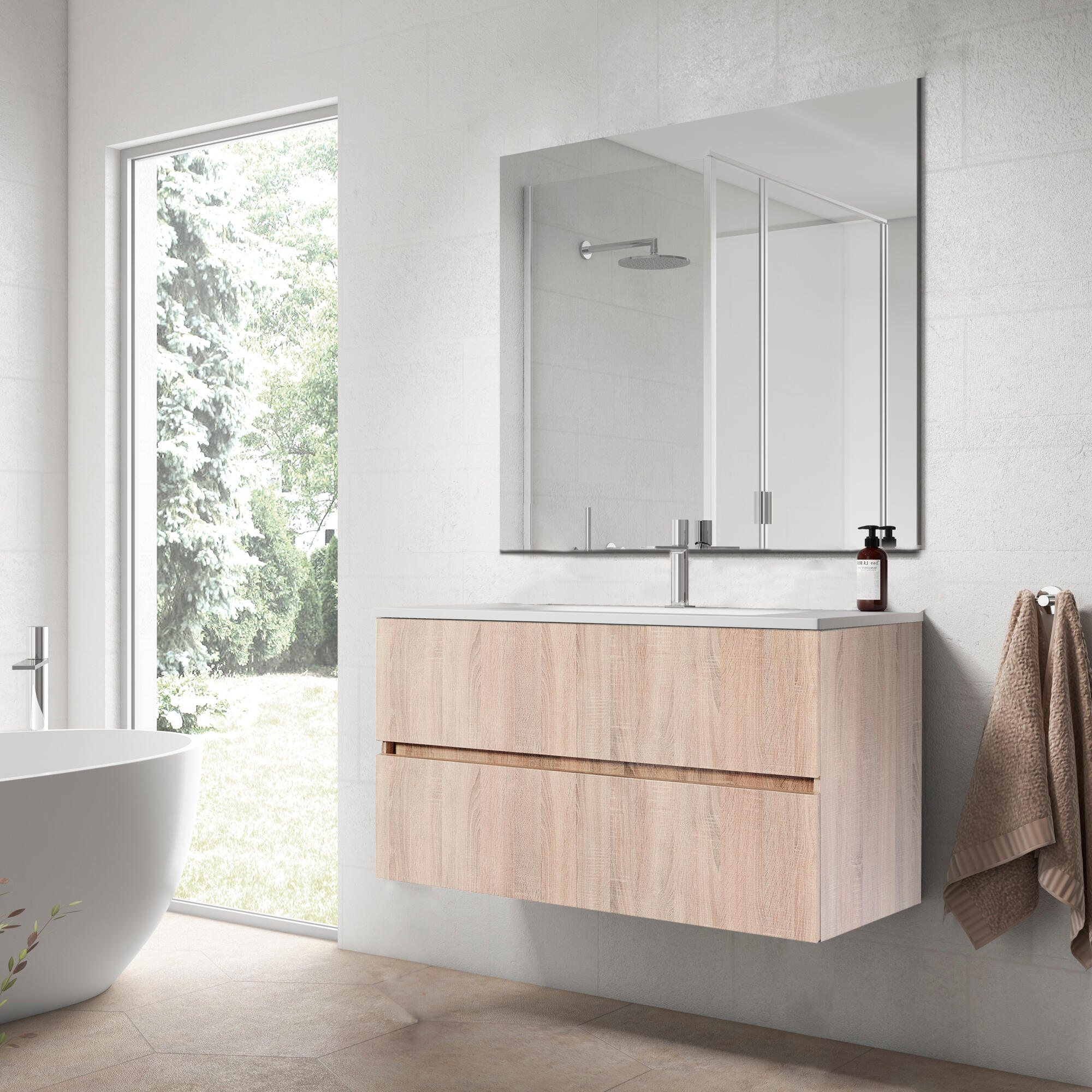 Mueble de baño con lavabo y espejo zoe roble claro 101 cm