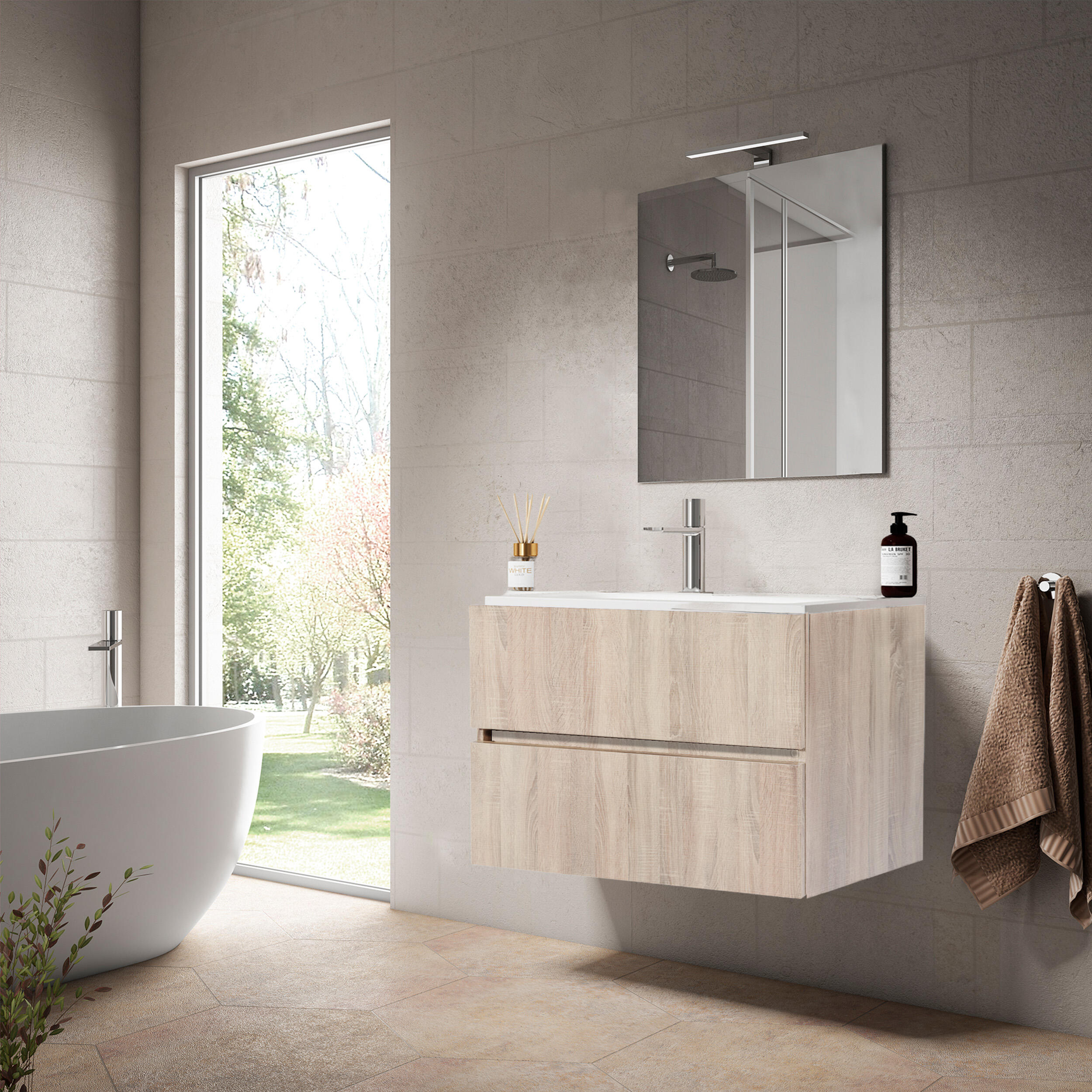 Mueble de baño con lavabo y espejo zoe roble claro 99.6x45.5 cm