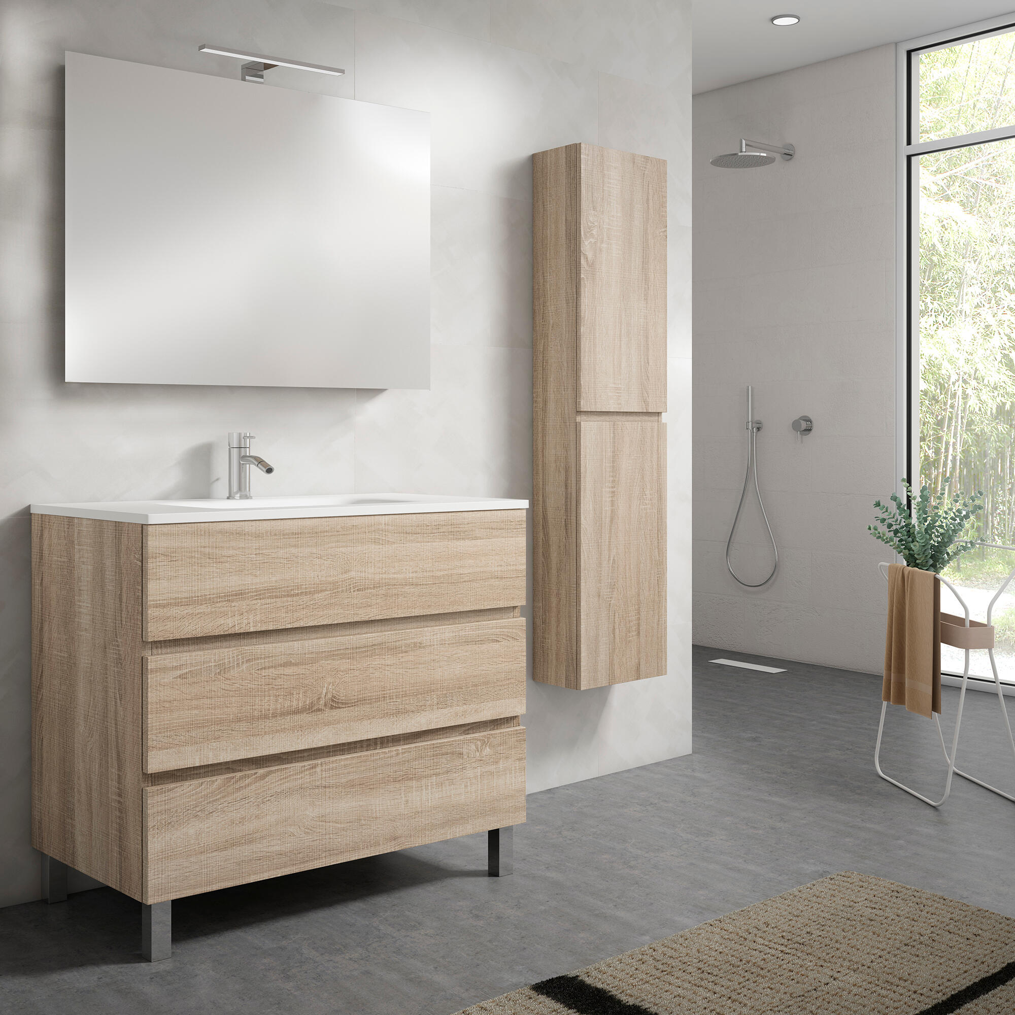 Mueble de baño con lavabo y espejo zoe roble claro 99.6x45.5 cm