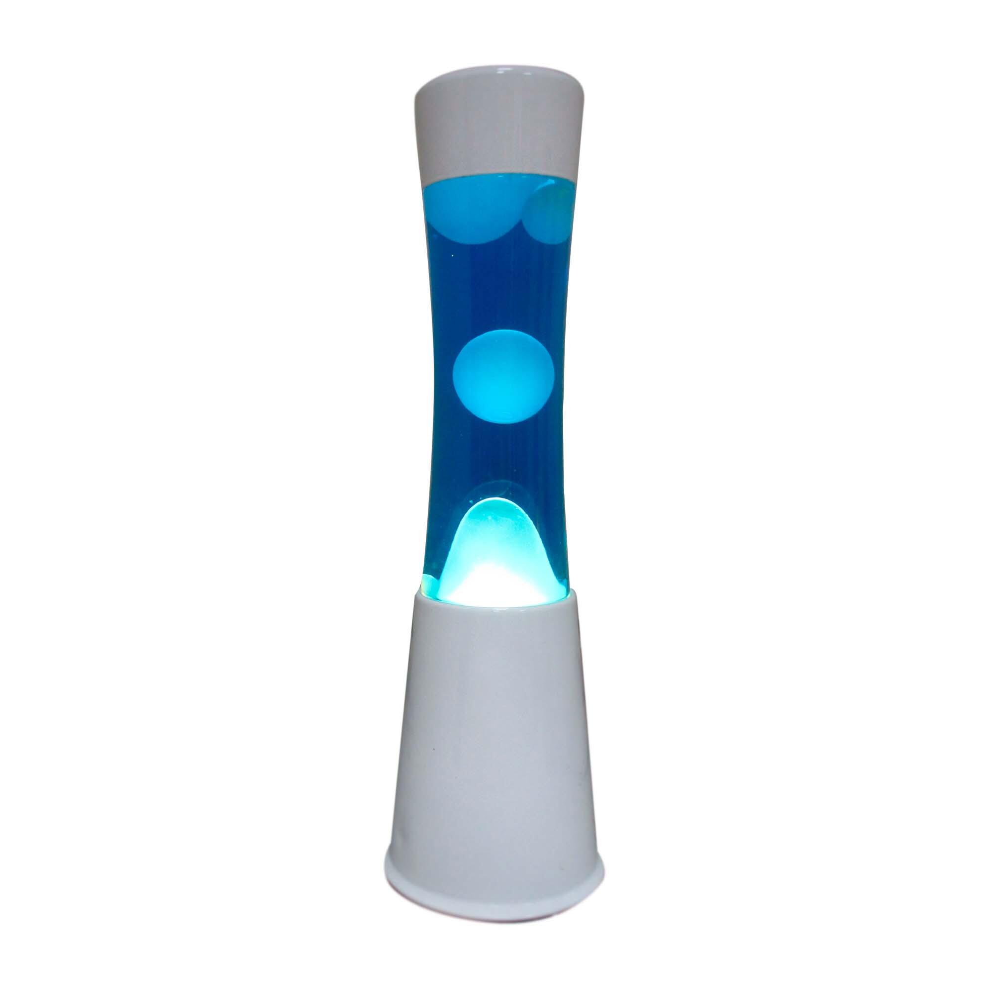 Lámpara de mesa lava azul con líquido azul y base blanco