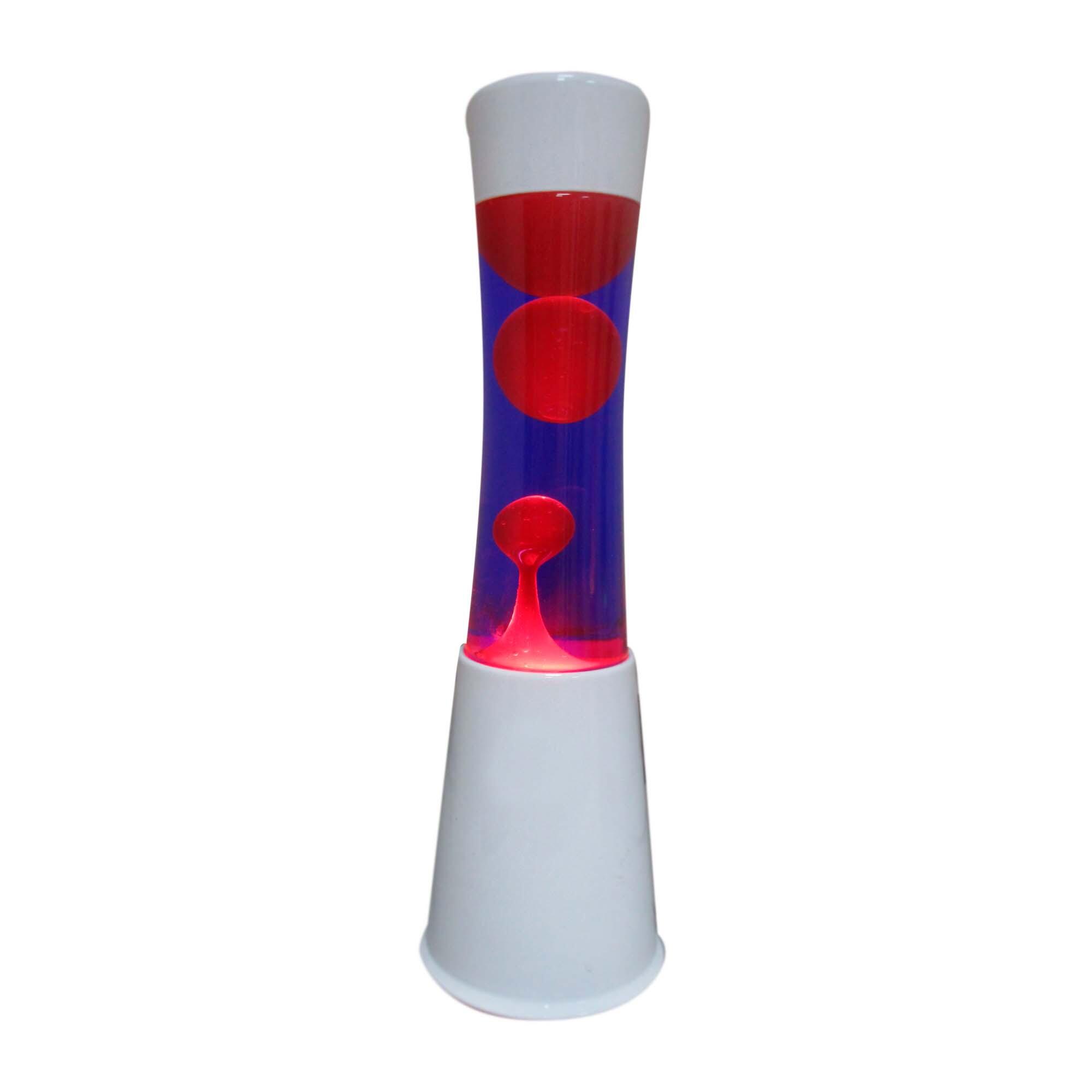 Lámpara de mesa lava roja con líquido azul y base blanco