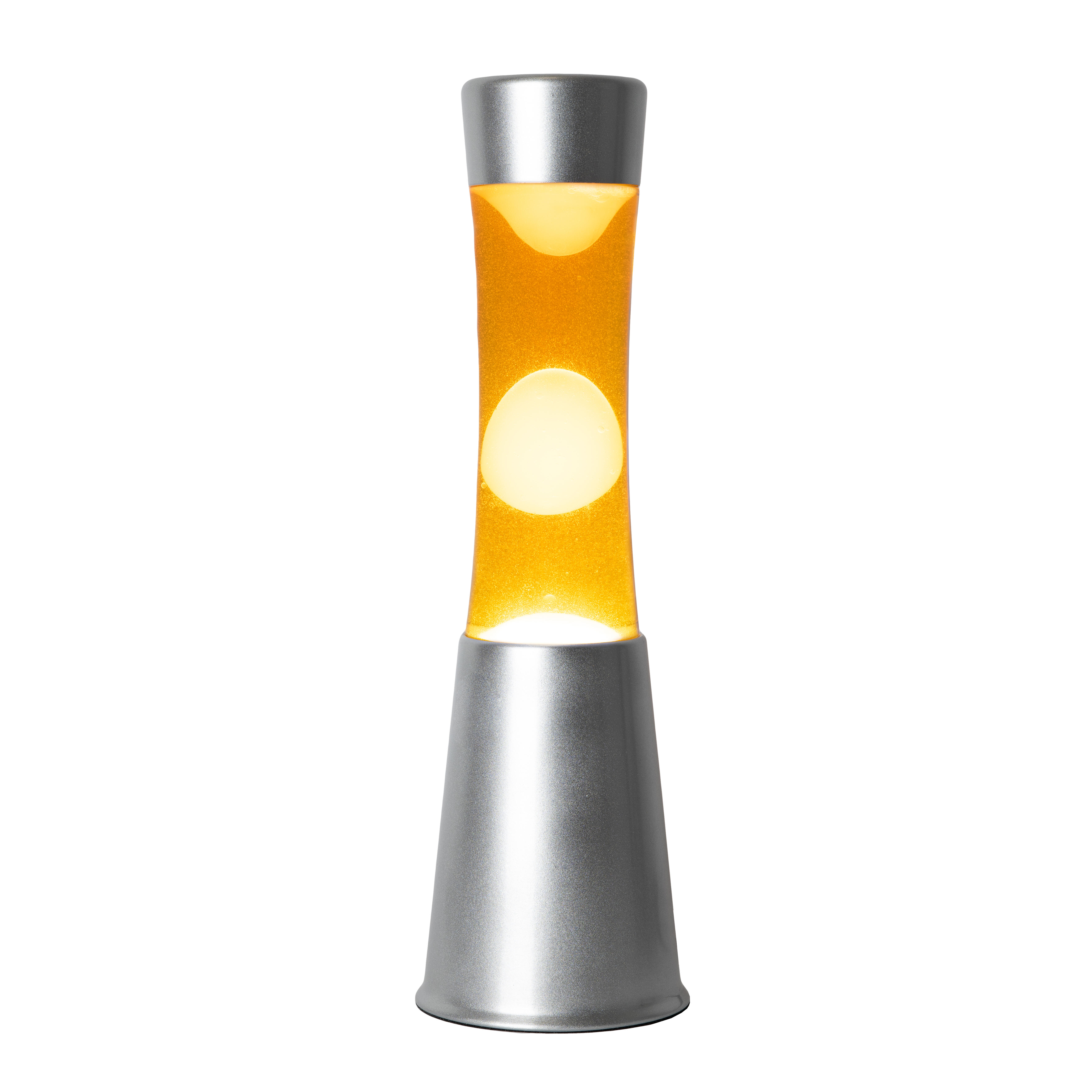 Lámpara de mesa lava amarillo con líquido naranja y base plata