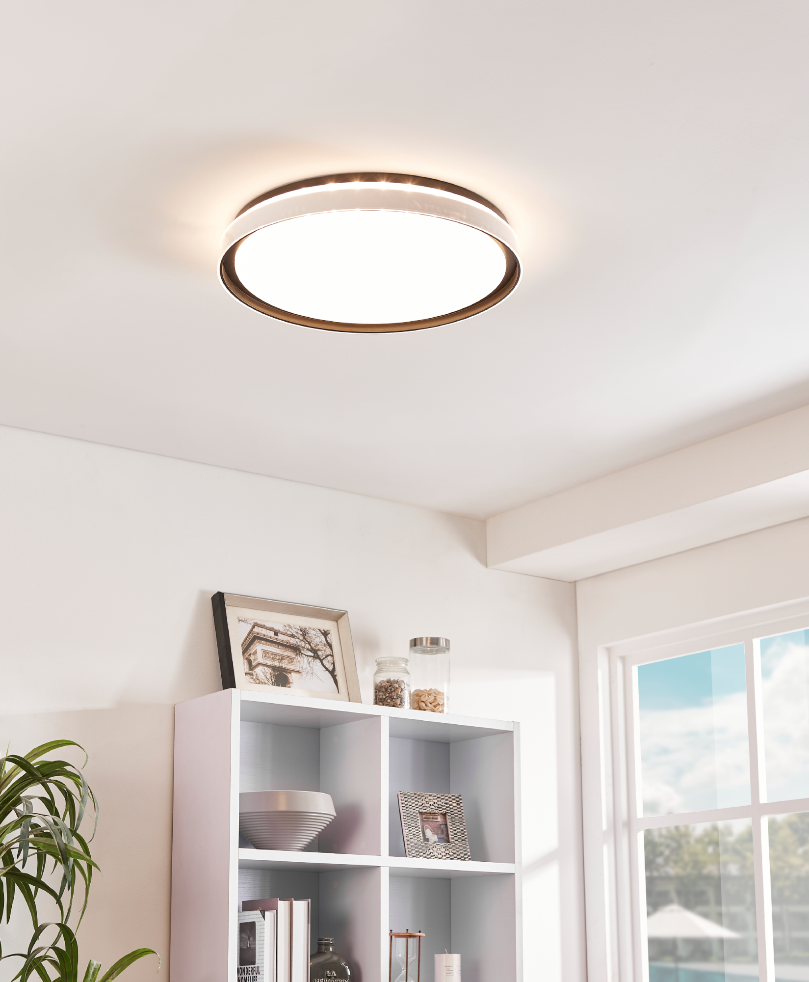 Lámpara De Techo LED Rodekro, Lámpara De Techo Regulable De Metal/madera En Negro/naturaleza/blanco, Regulable, Luminaria Con Haz De Madera, LED 44