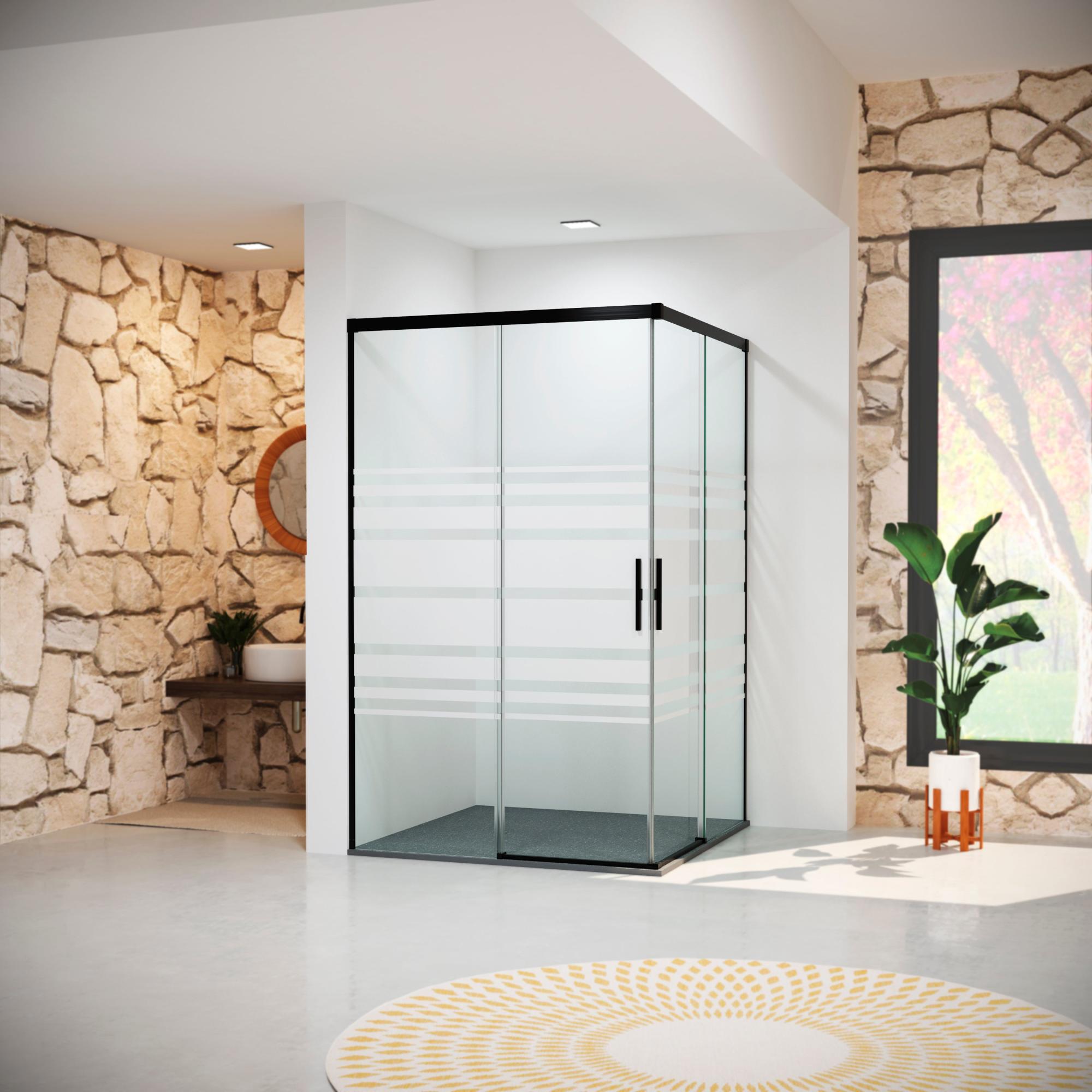 Mampara corredera vitria decorado perfil negro mate 6mm (97-100x97-100)x199 2cm de la marca GLASSINOX