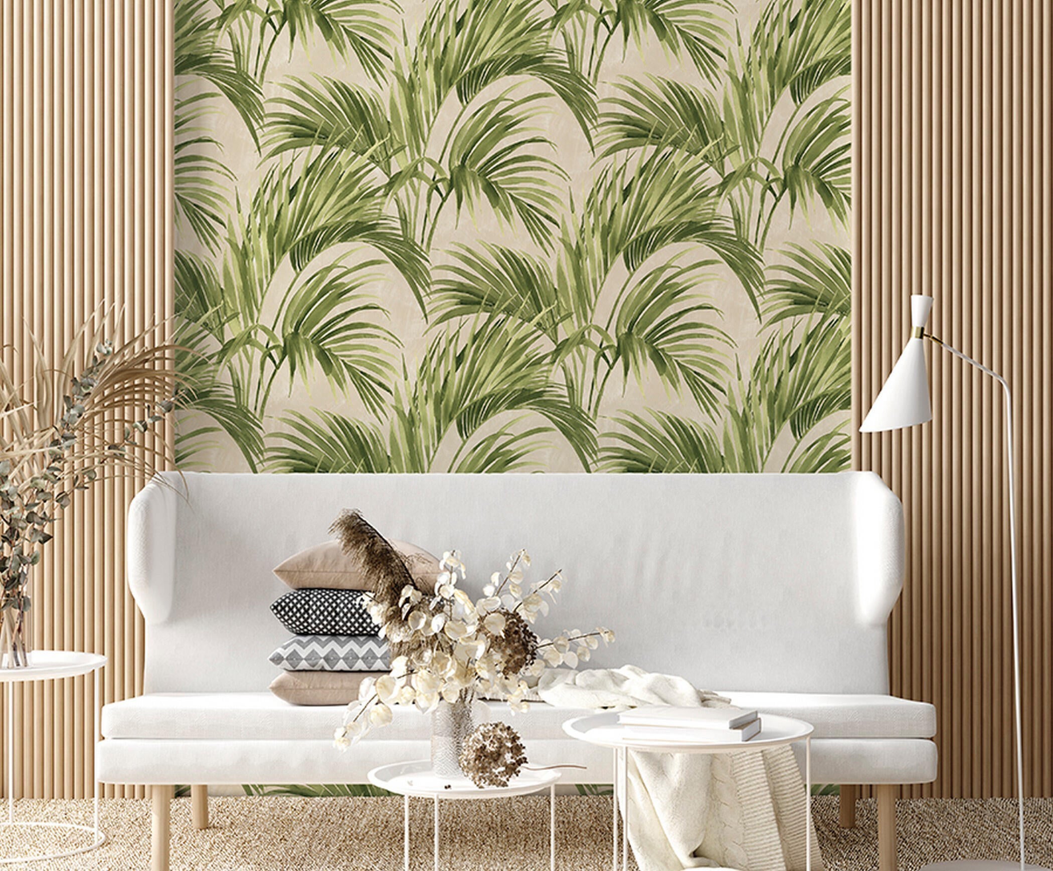 Papel pintado vinilo hojas palma kentia verde
