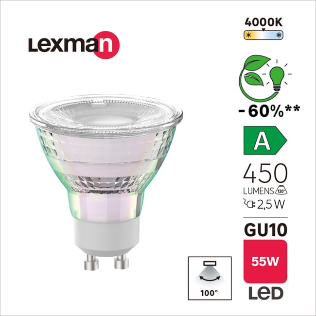 Bombilla LED LEXMAN GU10 2.5W blanco neutro Clase A Leroy Merlin