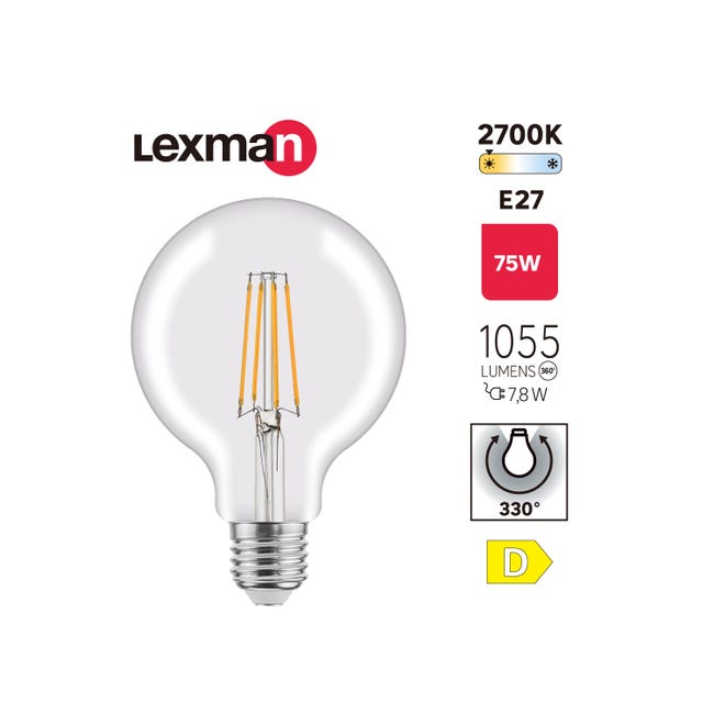 LEXMAN - Set di 16 lampadine LED a filamento - E27 - 1055LM - 4,9W  equivalenti 75W - Ø 95 mm - 4000K - Bianco naturale