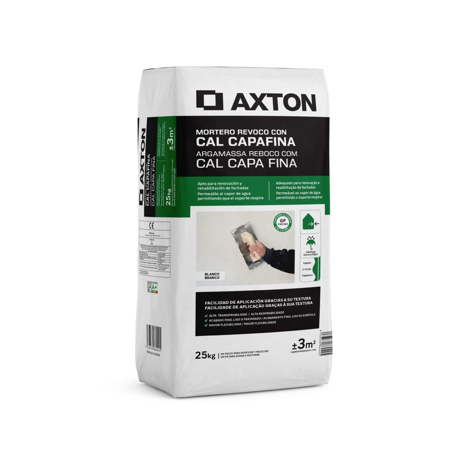 Mortero de cal capa fina axton 25 kg blanco