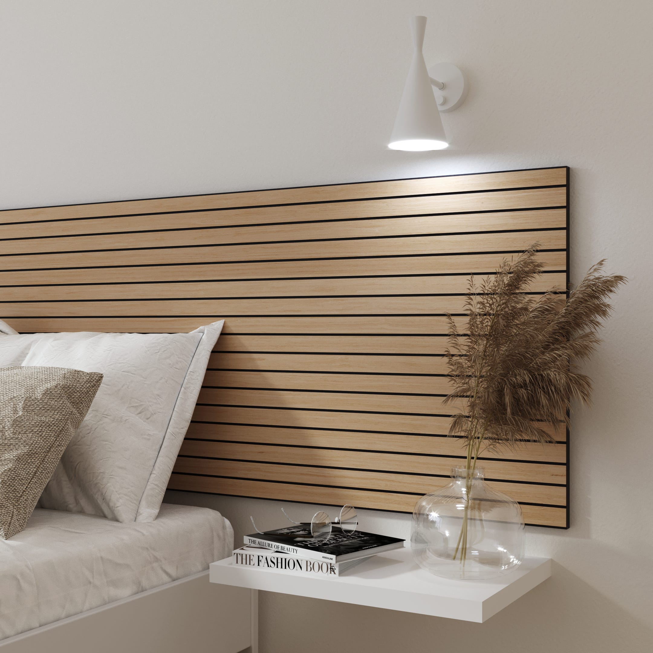 Paneles de pared viva magenta con estante de madera en una cocina