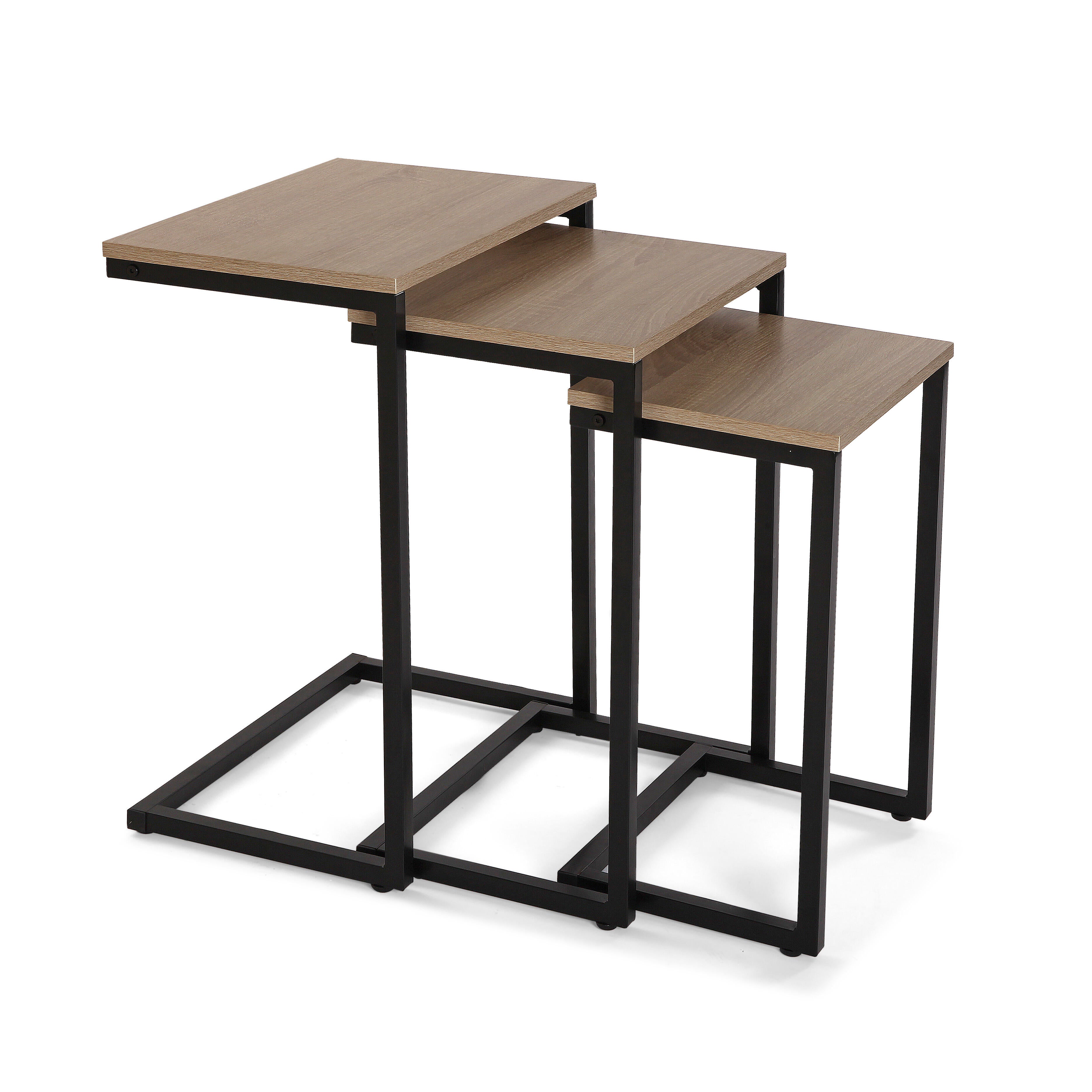 Kit 3 mesas industrial de madera oscura y estructura metálica negra 30x60x46cm