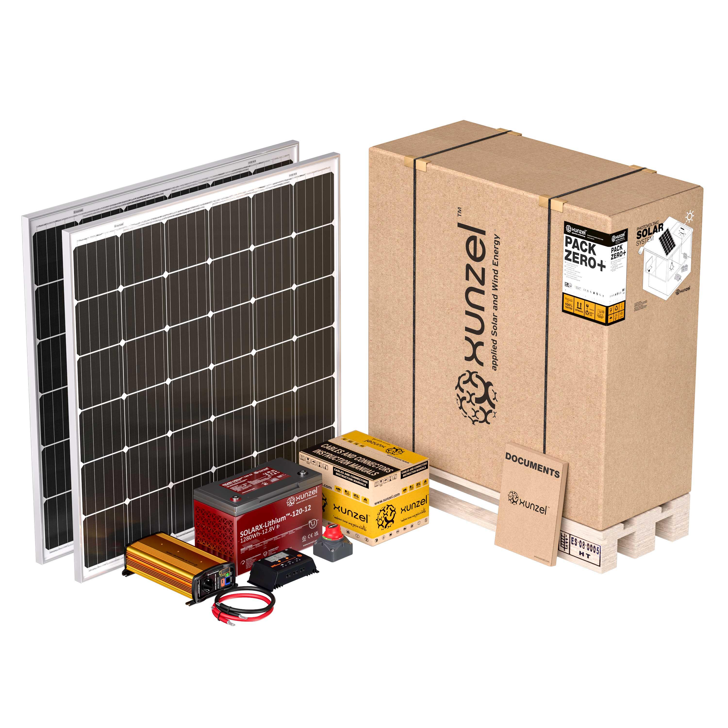 Kit solar pack zero+xunzel1090xjli hasta 2kwh/d bat litio 1,2kwh, inversor 1kw