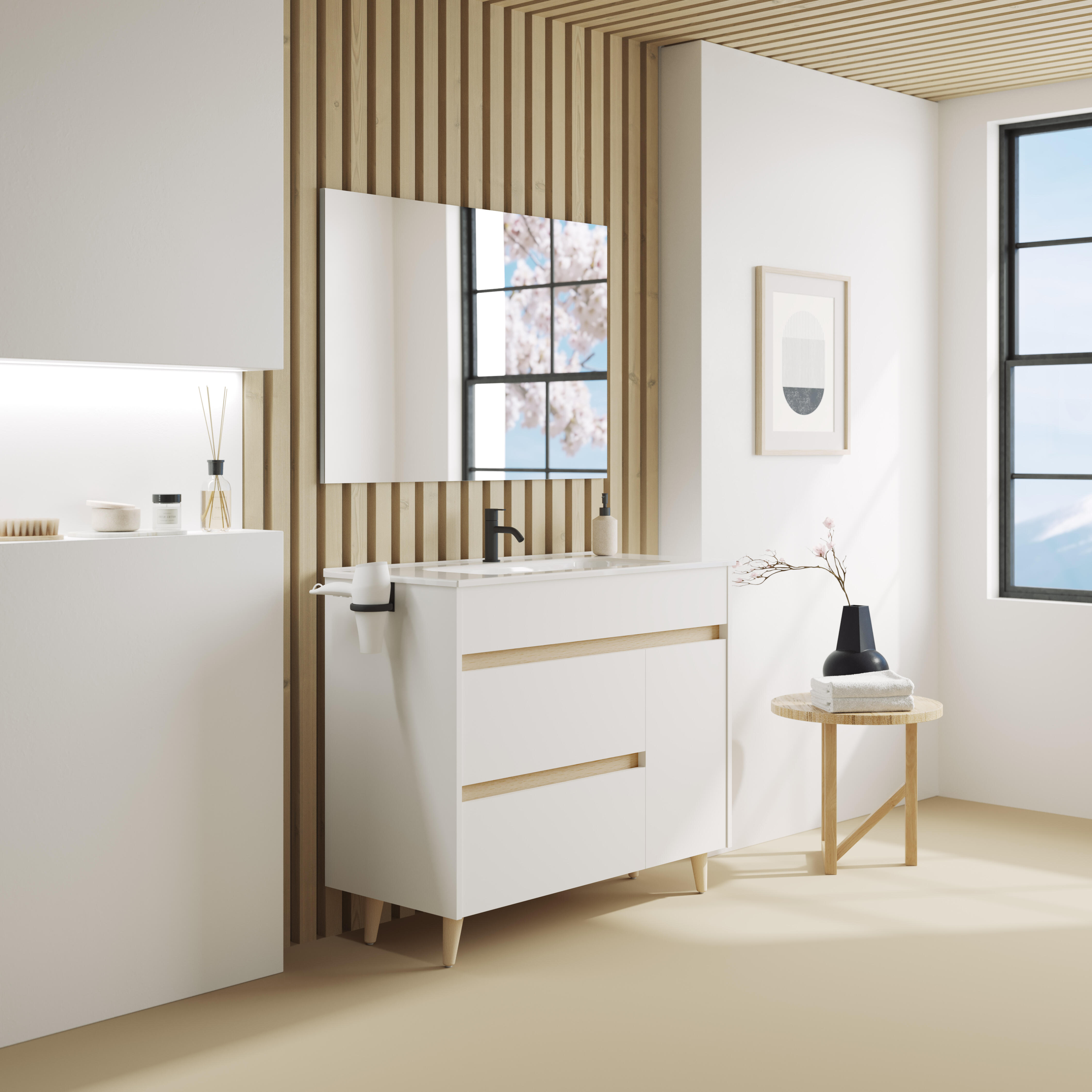 Pack de mueble de baño con lavabo y espejo kaori blanco brillante 100x46 cm
