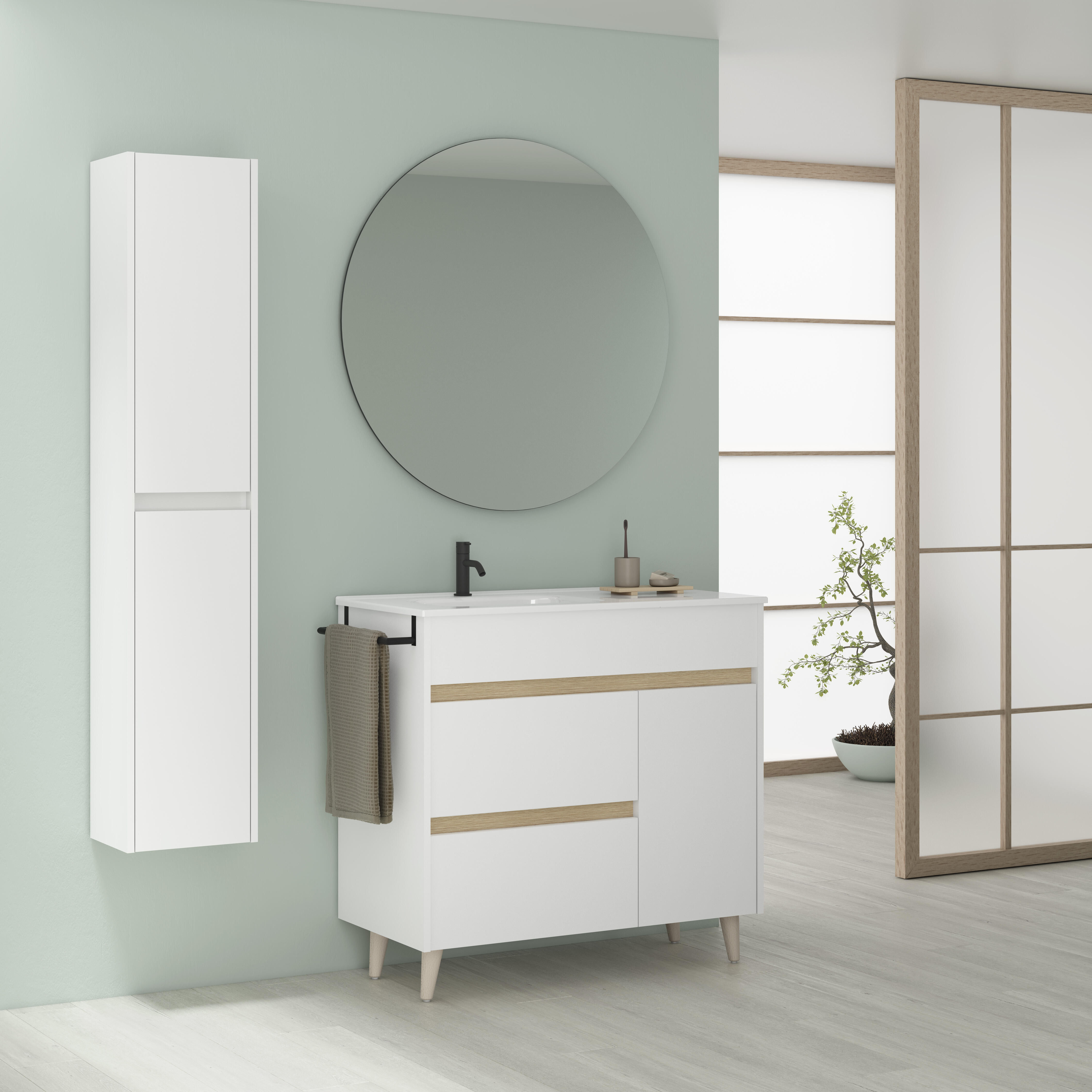 Pack de mueble de baño con lavabo y espejo kaori blanco brillante 90x46 cm
