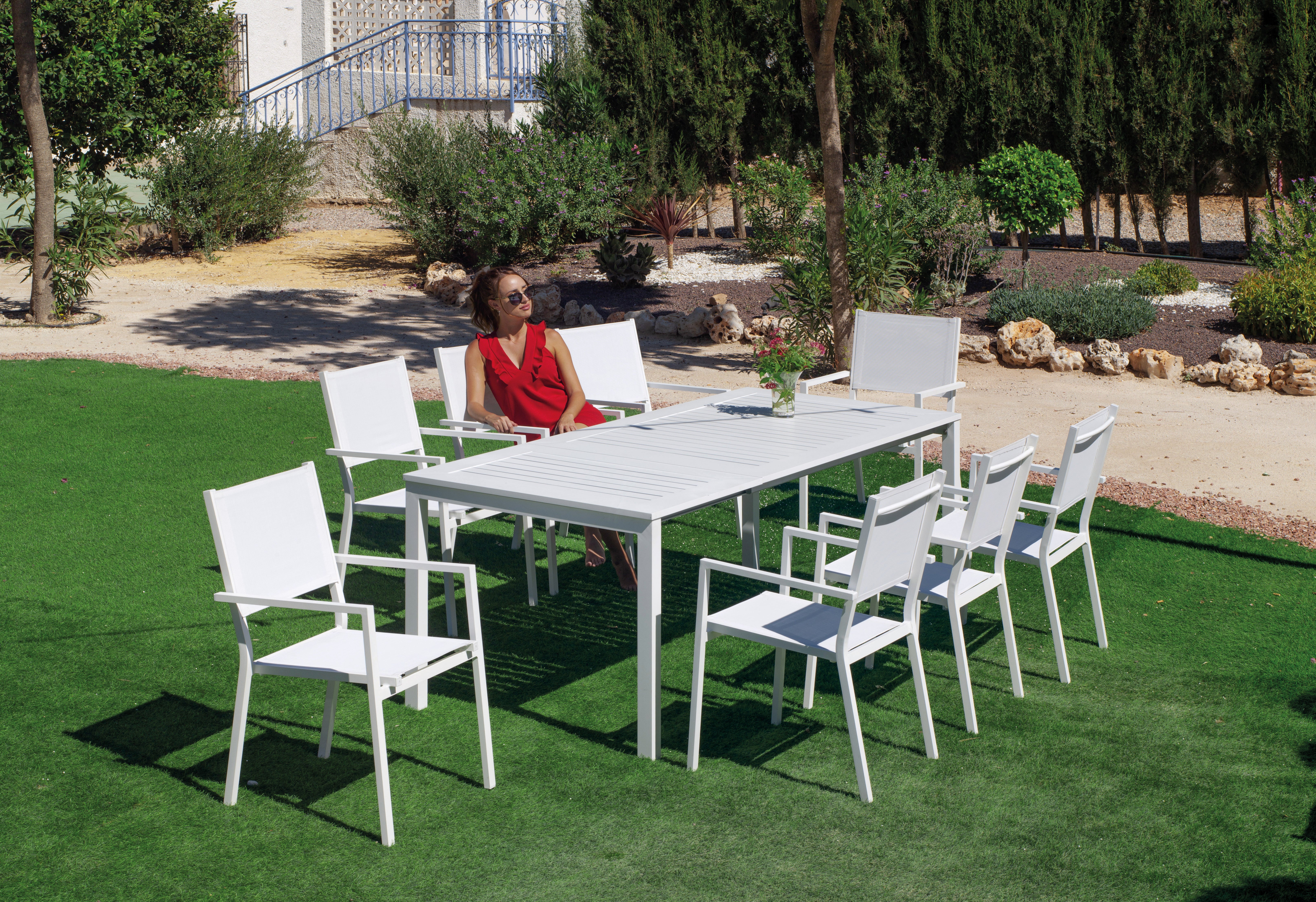Set de jardín extensible malta 150-215/8 blanco de 8 plazas