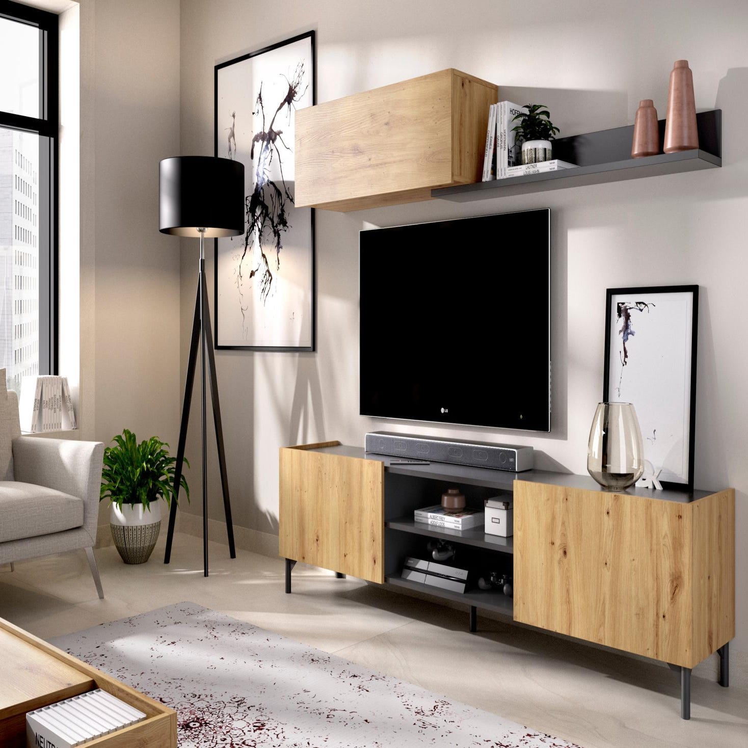 Composición De Salón Mueble Tv Modular + Mesa De Centro + Mesa De Comedor,  Nordic / Blanco - Luka con Ofertas en Carrefour