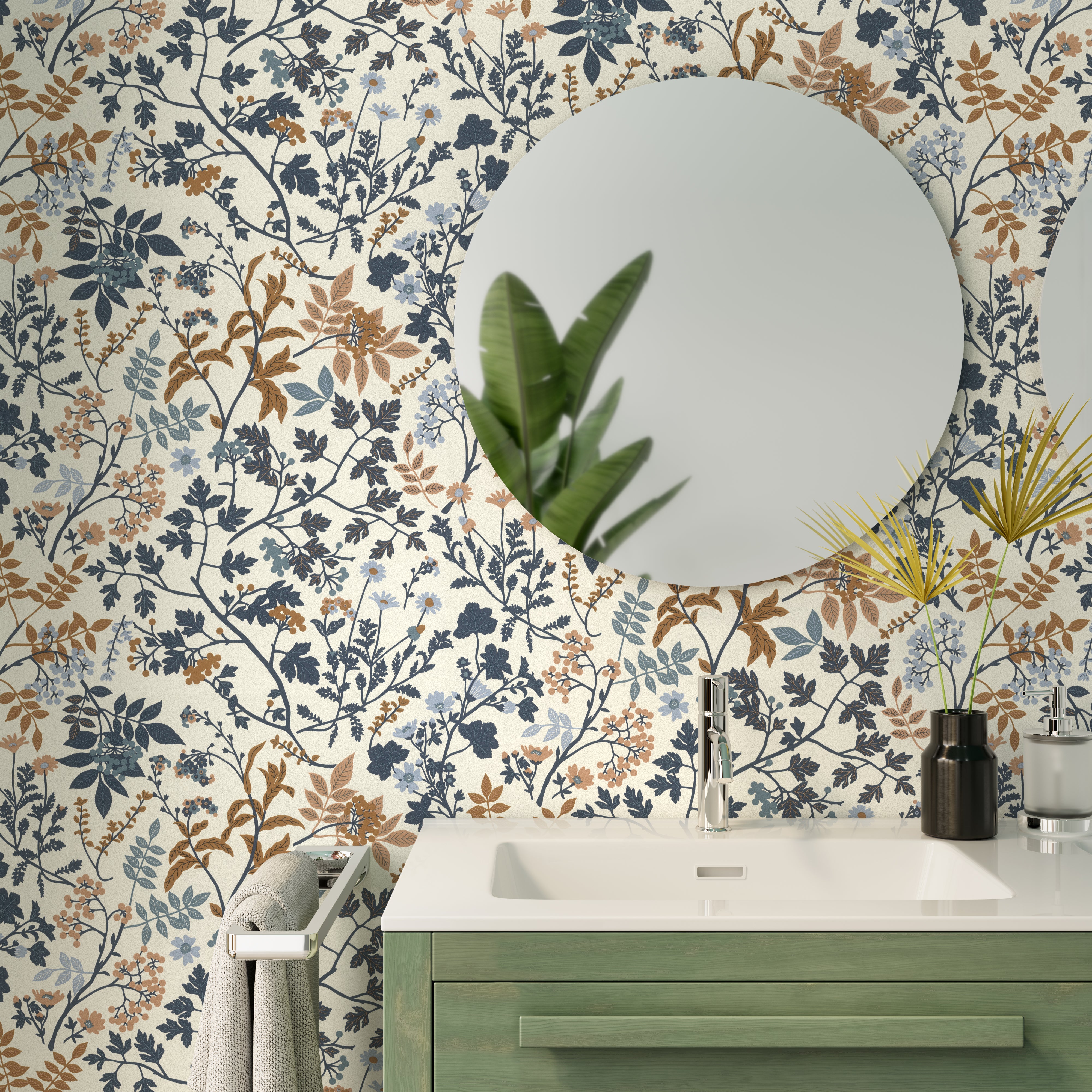 Papel pintado vinilo naturaleza flor erica azul, blanco, amarillo