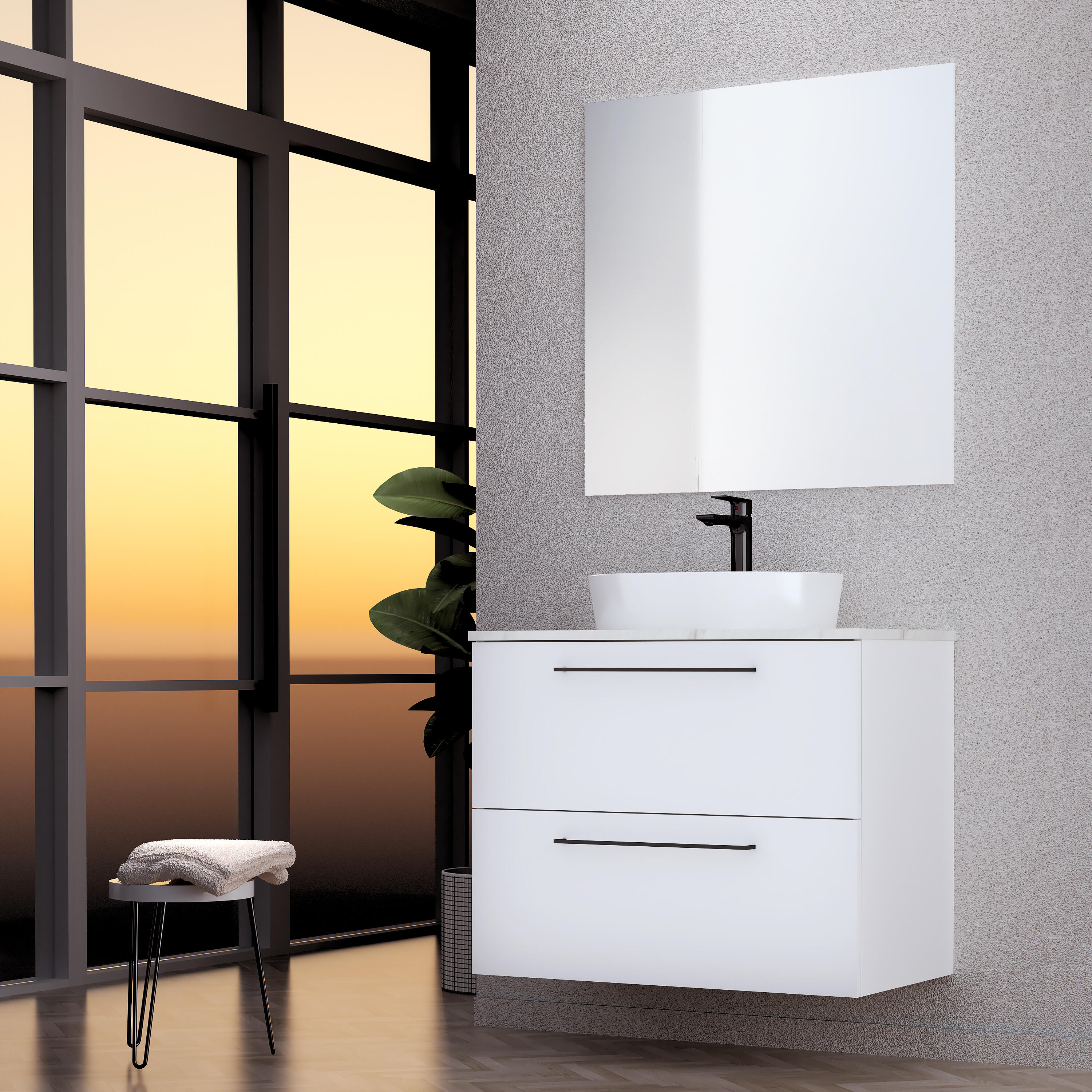 Pack de mueble de baño con lavabo y espejo luna top blanco mate 80x43 cm