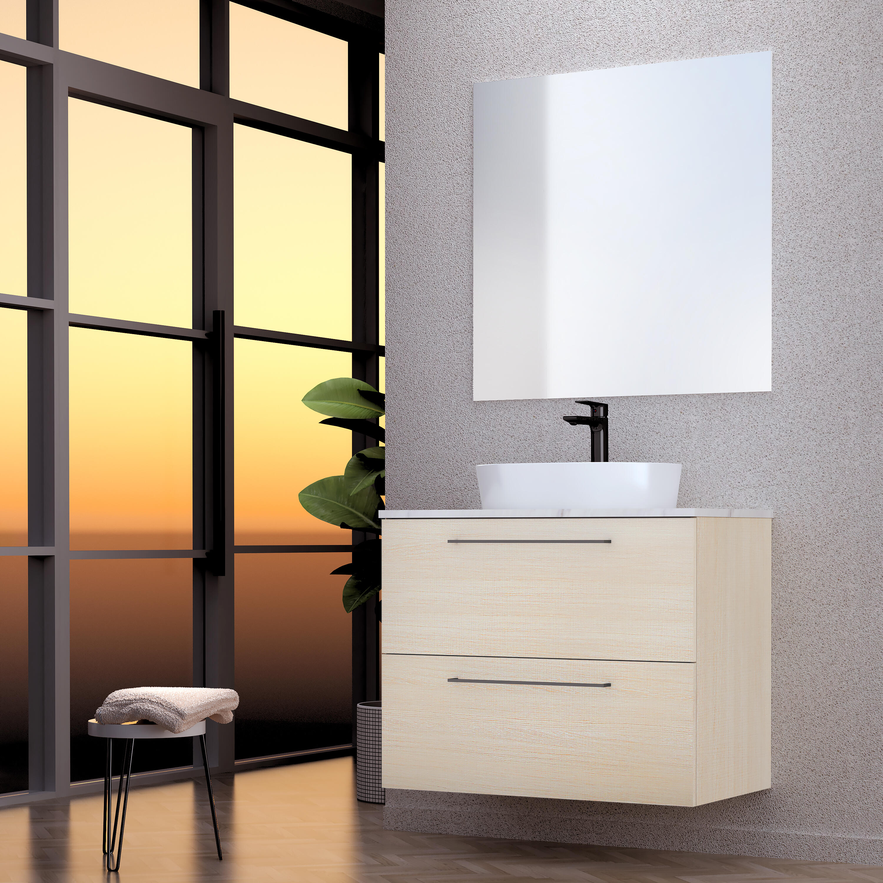 Mueble de baño con lavabo y espejo luna top madera 80 cm