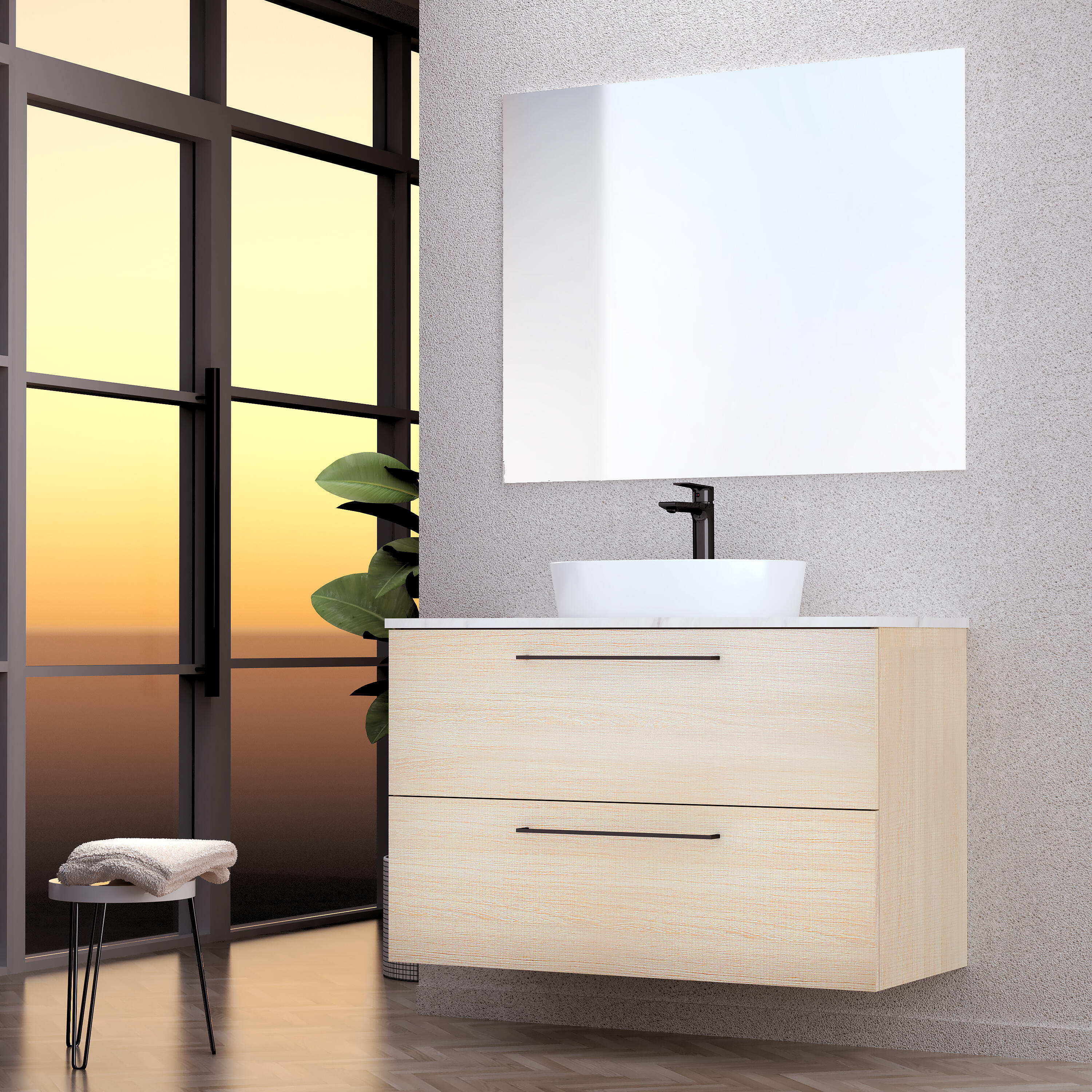 Mueble de baño con lavabo y espejo luna top madera 100 cm