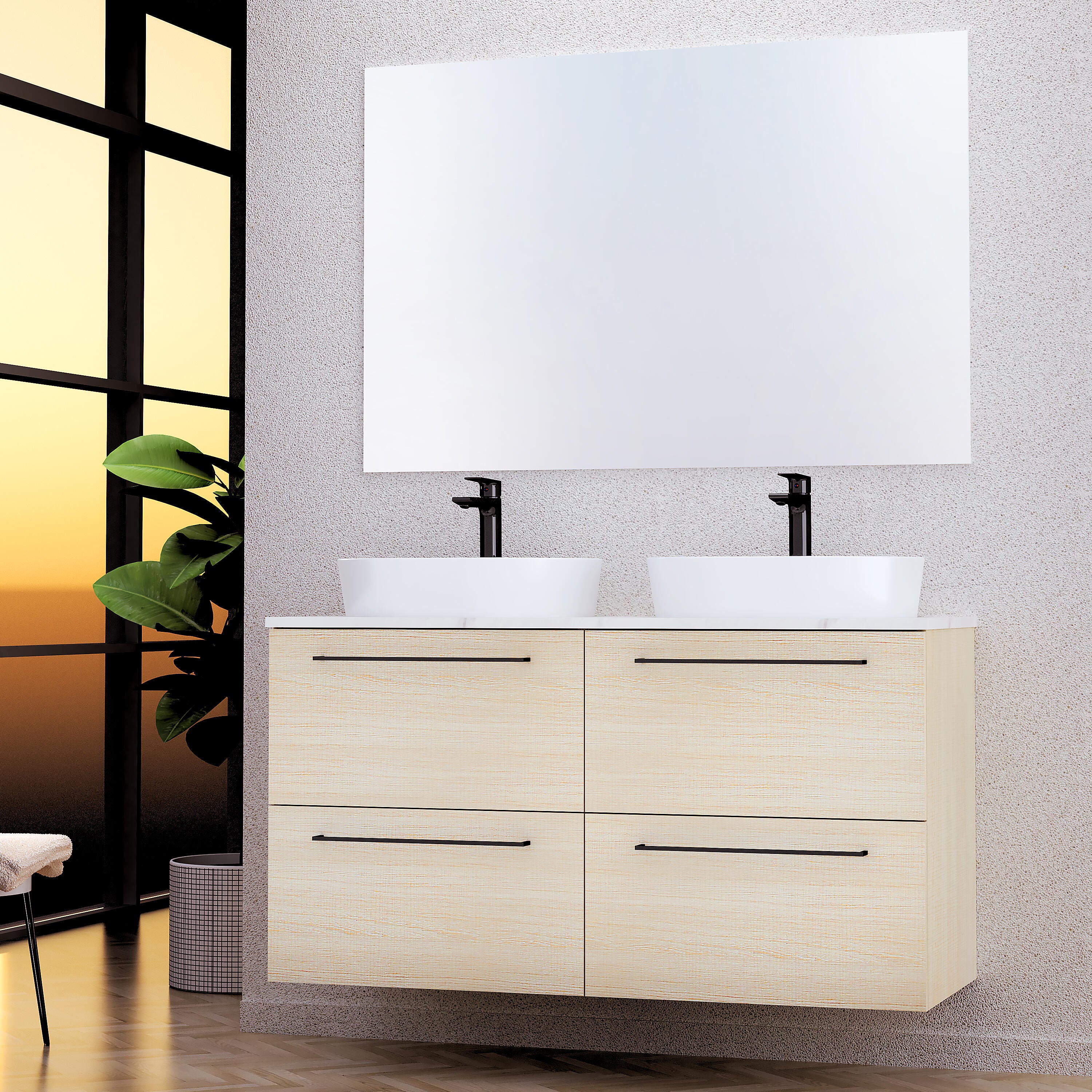 Mueble de baño con lavabo y espejo luna top madera 120 cm